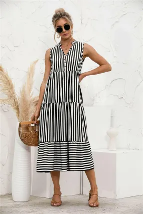 Fashion Casual Striped Patchwork Big Swing Midi Dresses