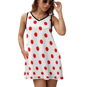 White With Red Polka Dots Sleeveless Sundress With Pockets