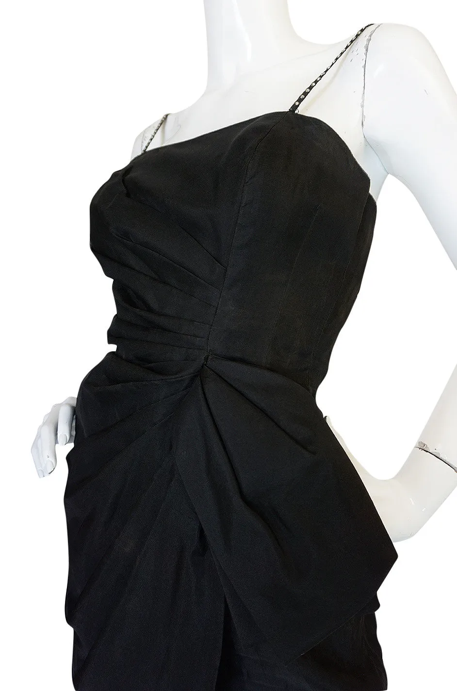 1950s Black Silk Organza Fitted Dress