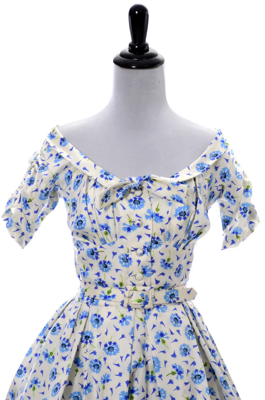 1950s Designer Mollie Parnis Blue Floral Silk Dress with Short Jacket