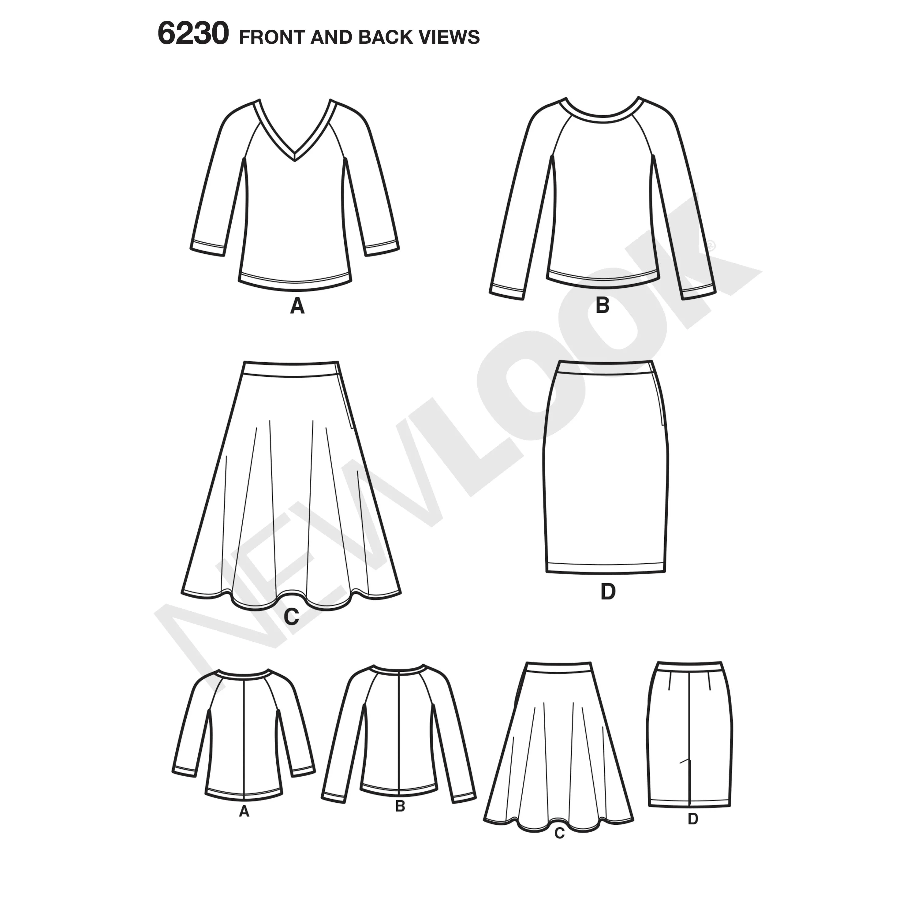 6230 Misses' Knit Top and Full or Pencil Skirt