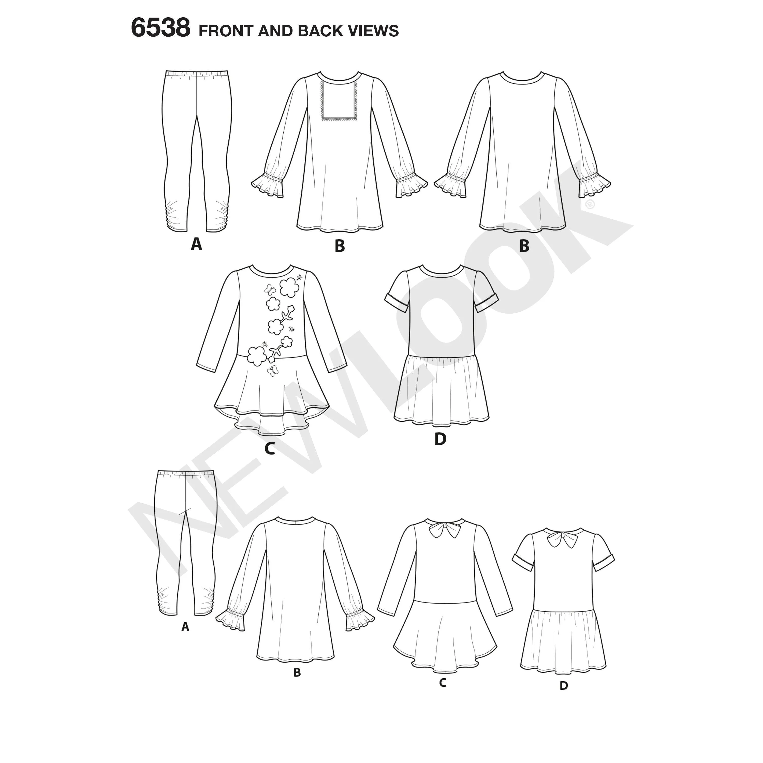 6538 New Look Pattern 6538 Child's Knit Leggings and Dresses