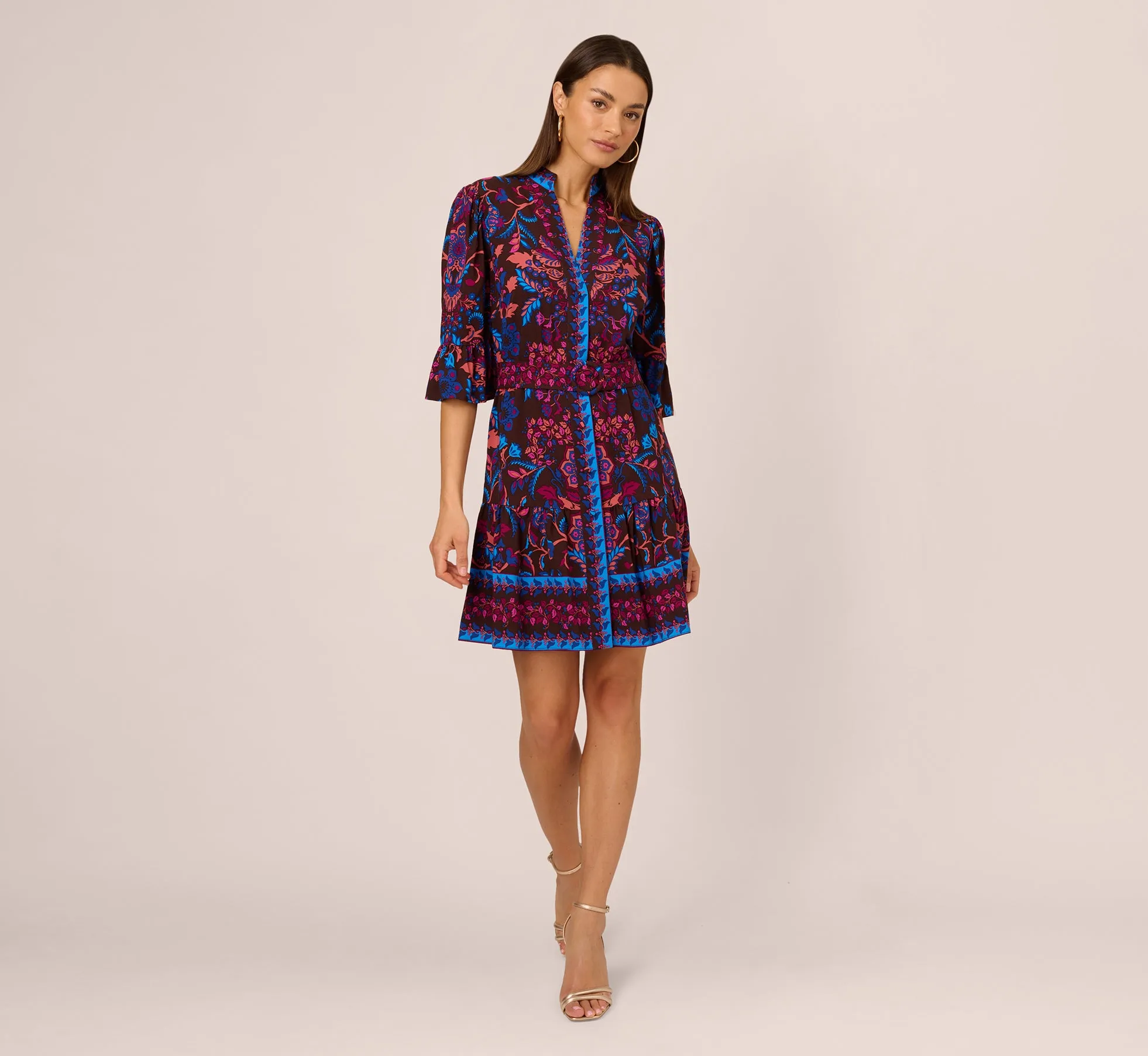 Abstract Print Button Down Dress With Three Quarter Bell Sleeves In Brown Multi