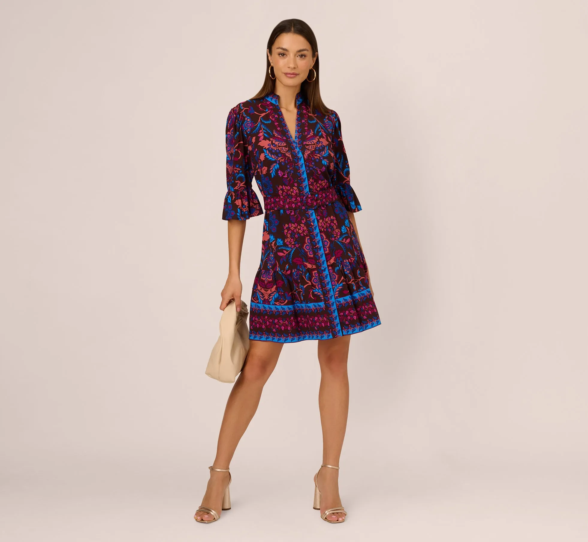 Abstract Print Button Down Dress With Three Quarter Bell Sleeves In Brown Multi