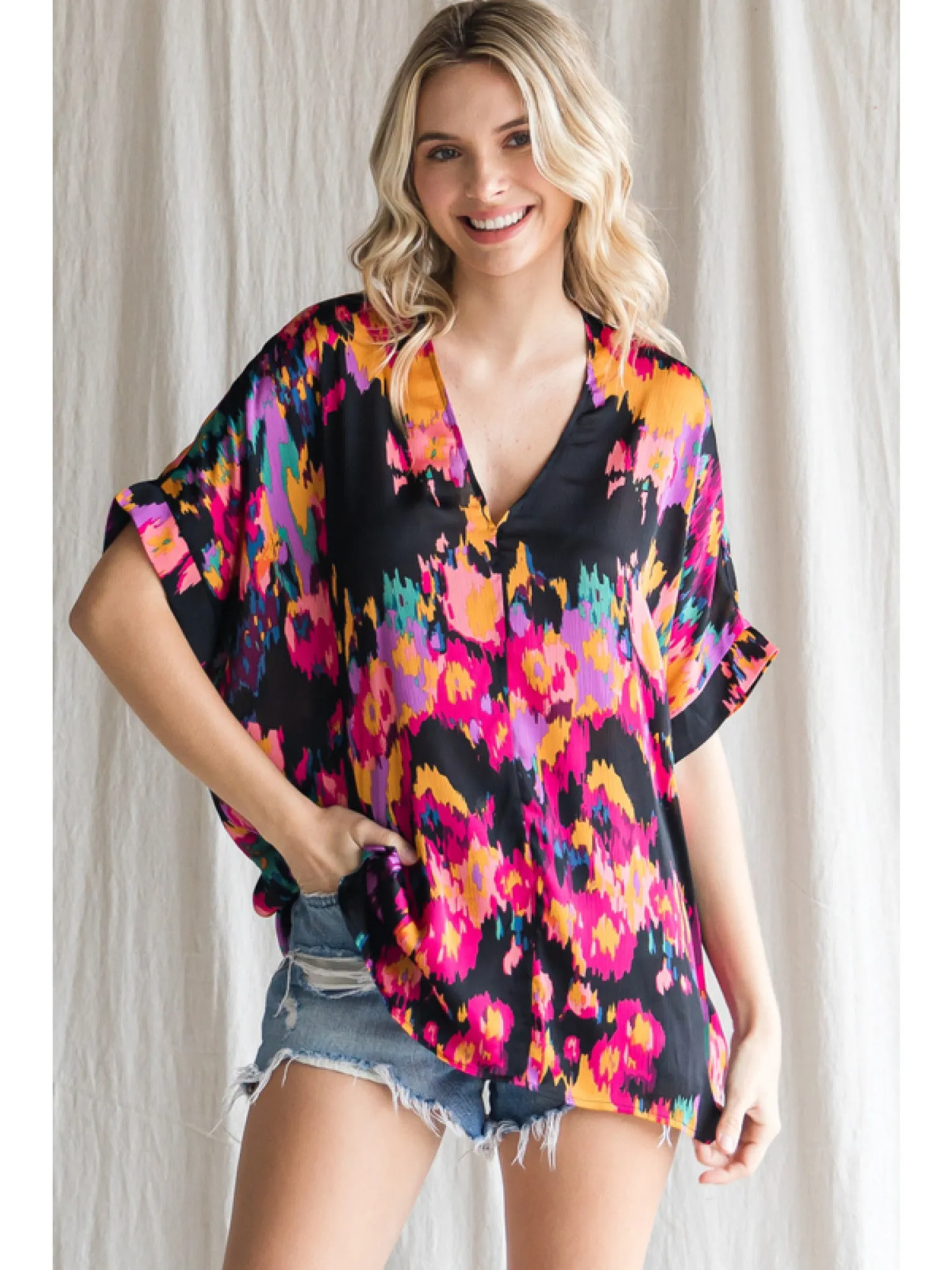 Abstract V-Neck Shift Top, Black