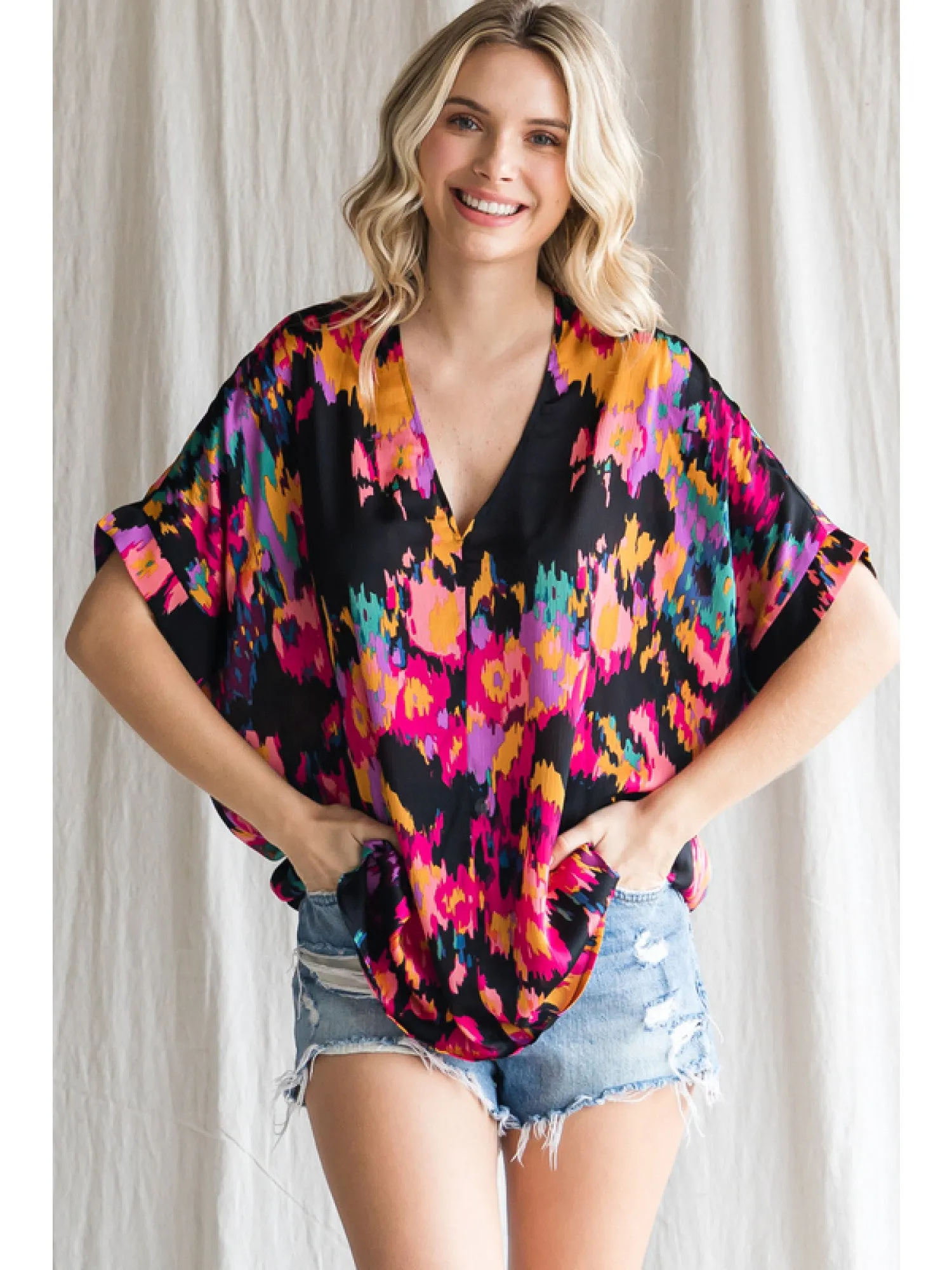 Abstract V-Neck Shift Top, Black