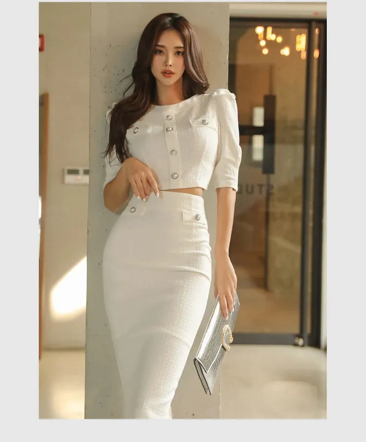 Aiertu  Queen Hot Sale Spring White 2 Pieces Set Women Short Tops   High Waist Pencil Skirts Casual Simple Office Lady Skirt Suit