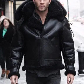 All Black B-3 Hooded Sheepskin Bomber Jacket