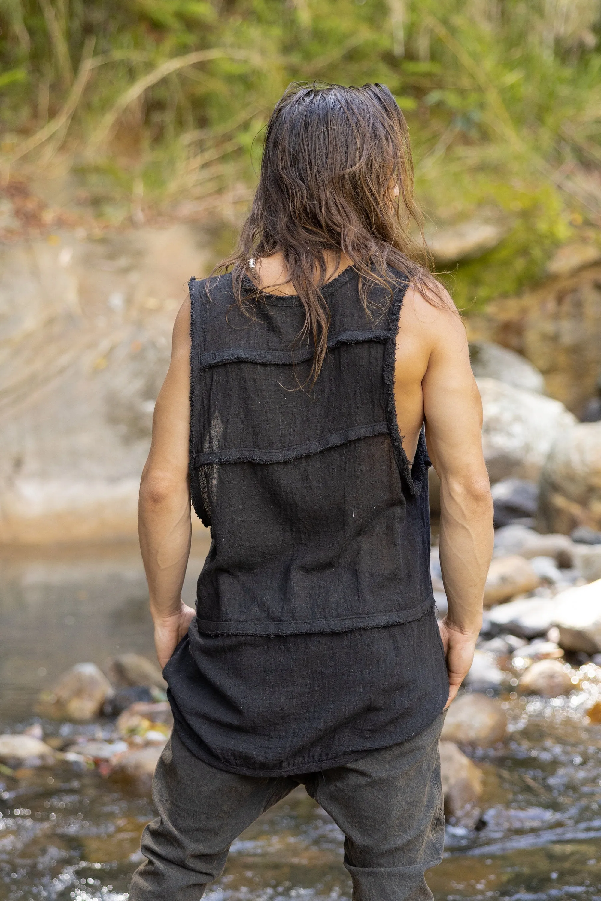 ARIKI Mens Beige Tank Muscle Top Sleeveless Shirt Loose Fit Handmade Cotton Tribal Festival Natural Dyed Earthy Dystopian Steampunk AJJAYA