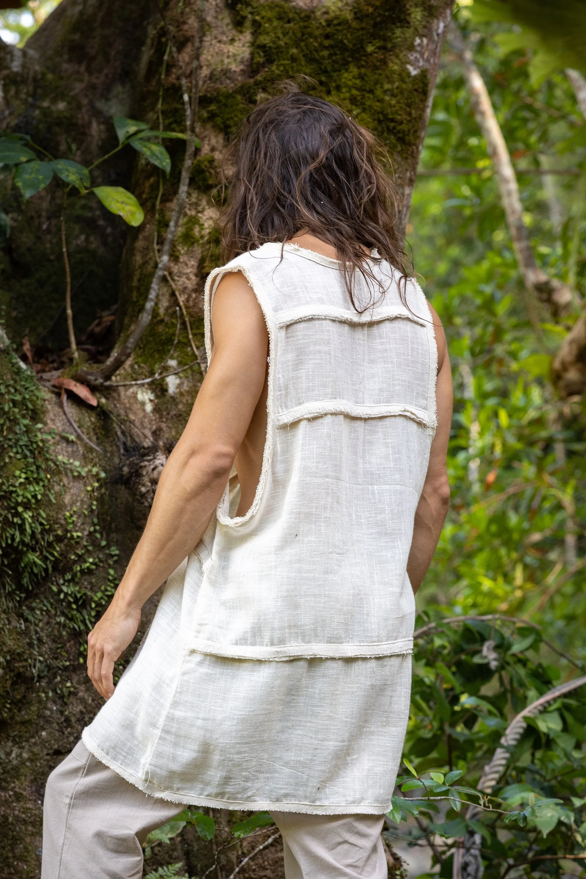 ARIKI Mens Beige Tank Muscle Top Sleeveless Shirt Loose Fit Handmade Cotton Tribal Festival Natural Dyed Earthy Dystopian Steampunk AJJAYA