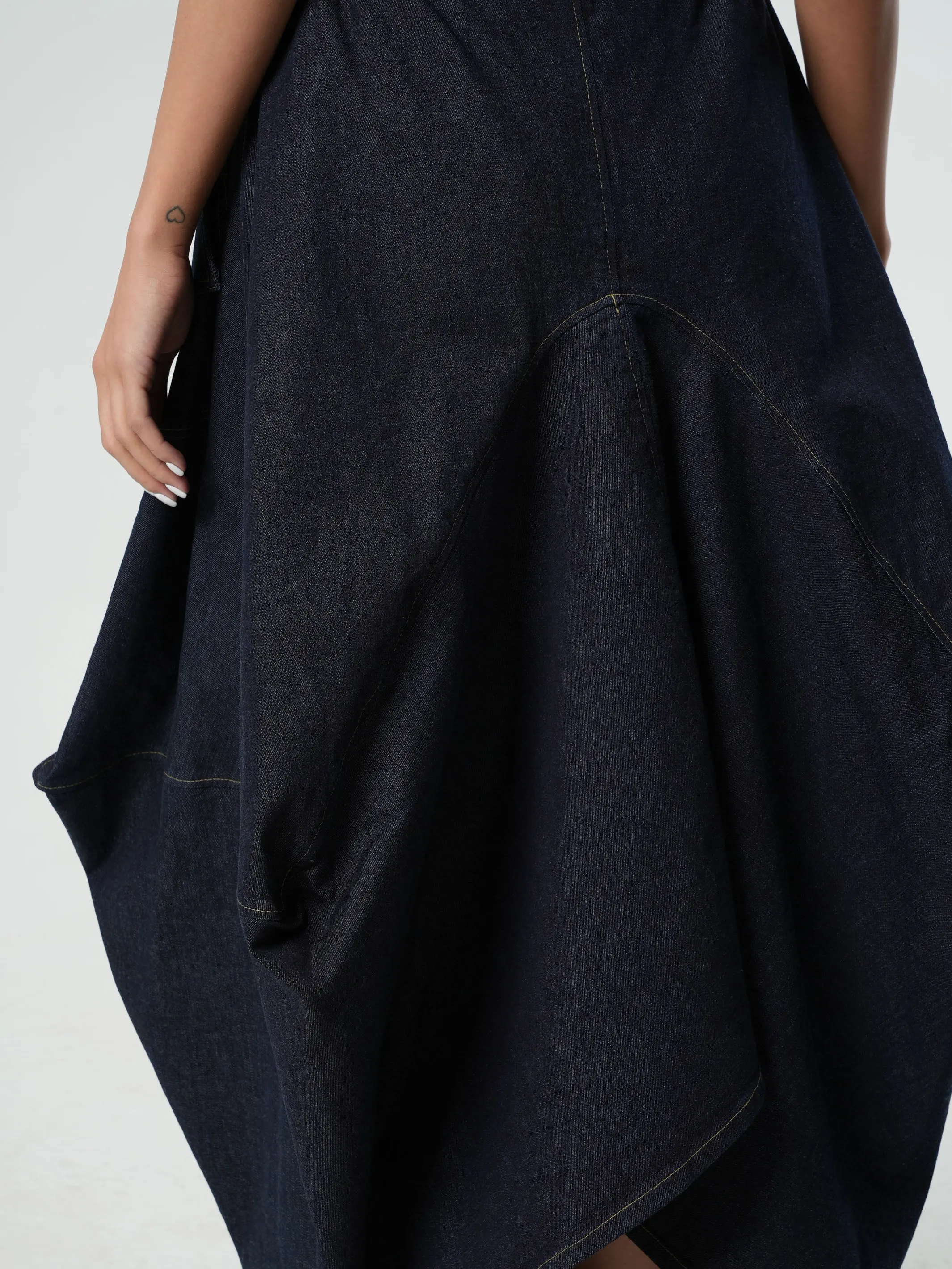 Asymmetrical Long Dark Denim Skirt