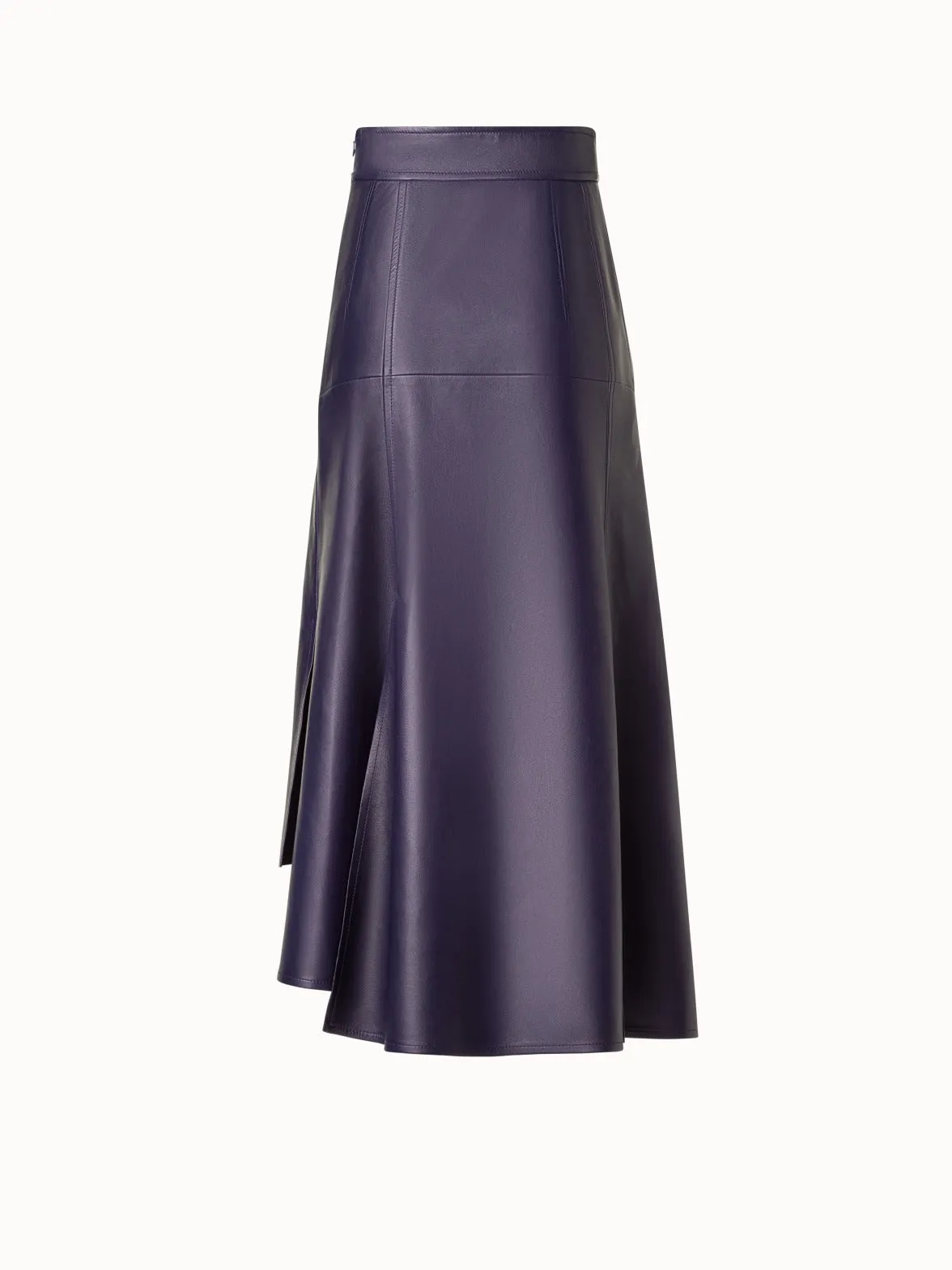 Asymmetrical Pleated Lamb Nappa Leather Midi Skirt