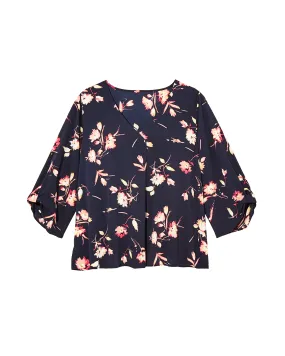 Avril 3/4 Tabbed Sleeve Blouse | Navy / Pink