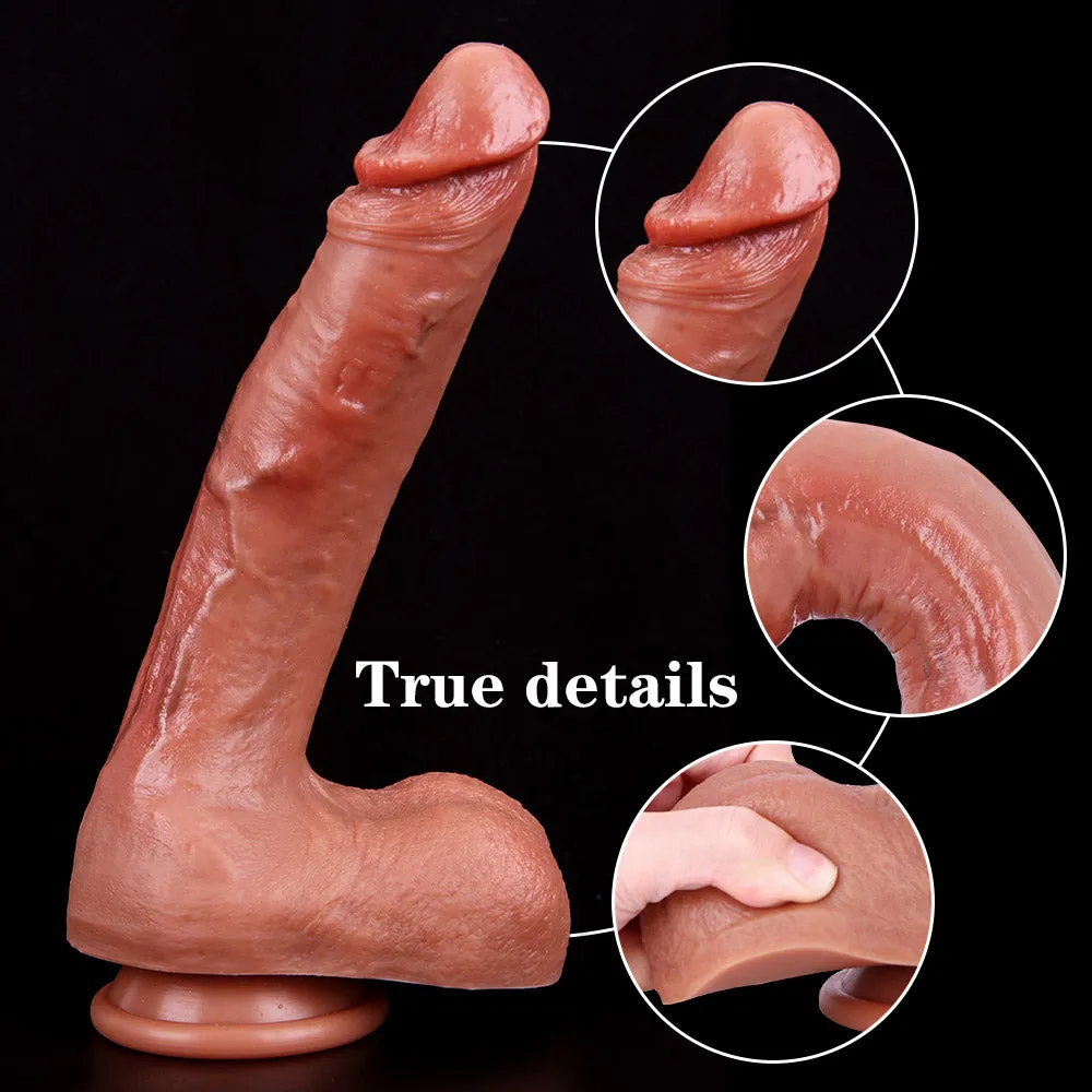 B133 Large Ultra Realistic Curved Dual-Density Silicone Suction Cup Dildo with Raised Veins 9.8 Inch