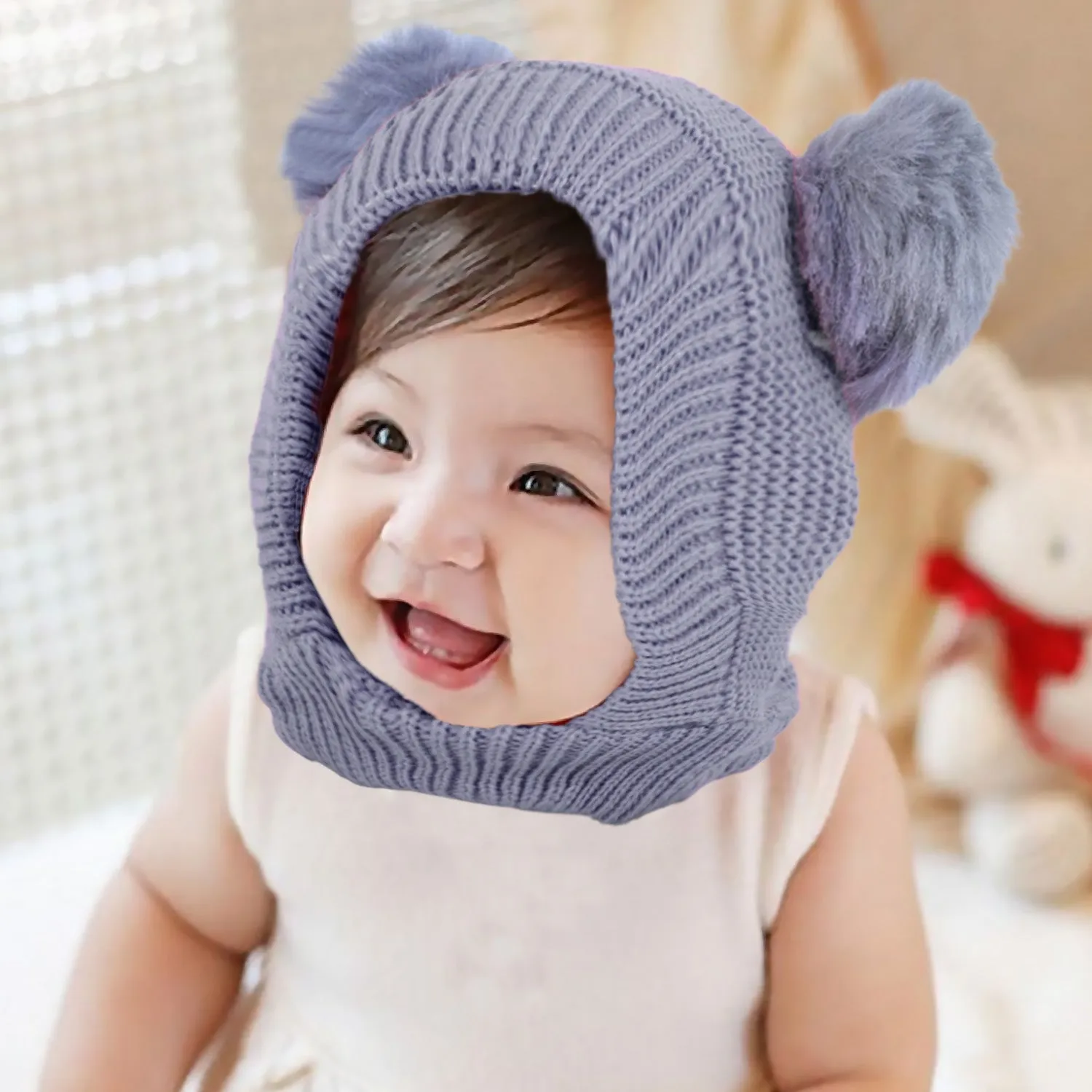 Baby Moo Adorable Pom Pom Knitted Beanie Woollen Cap - Grey