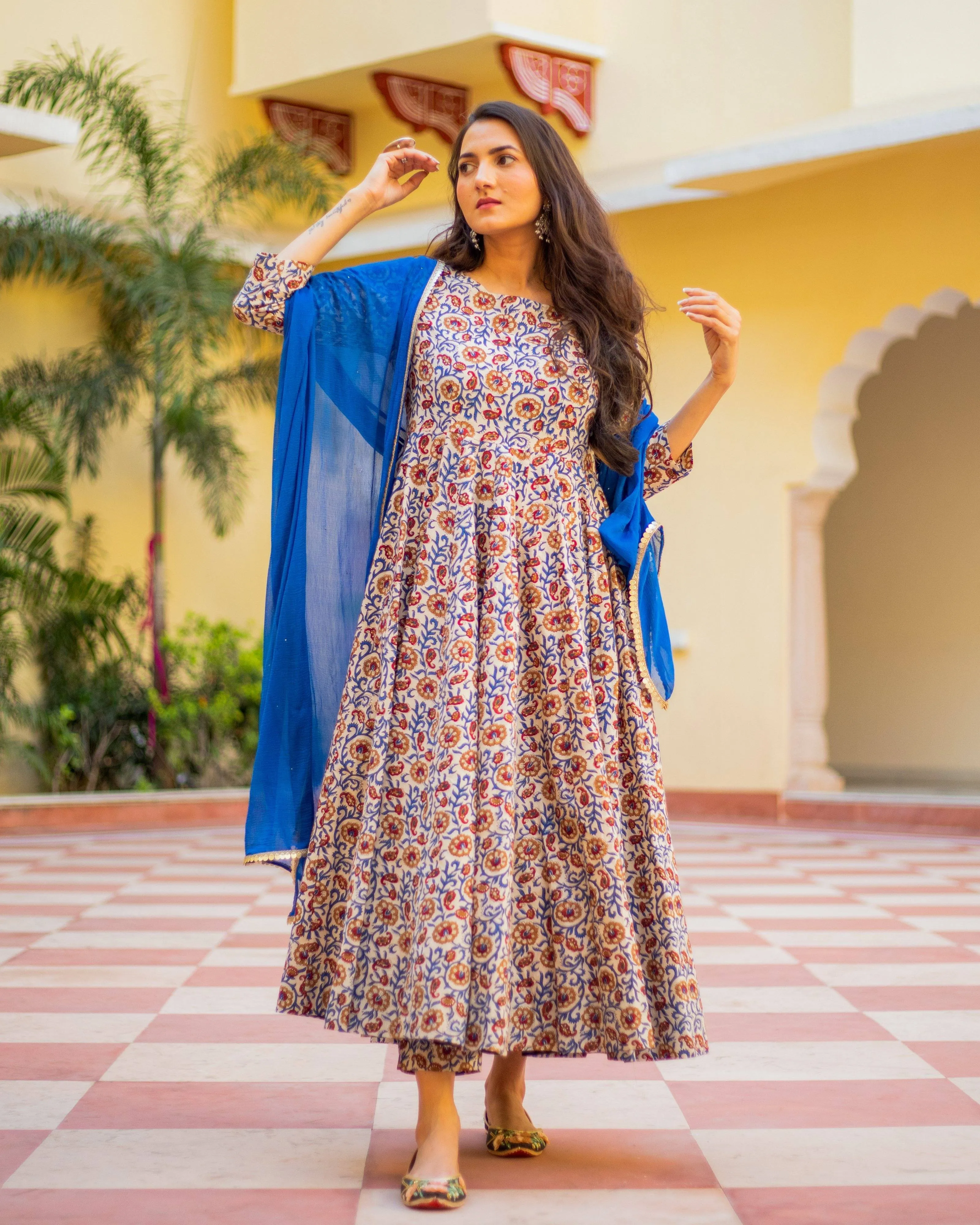 Bagru Print  Indigo Orange Colored Dress Set