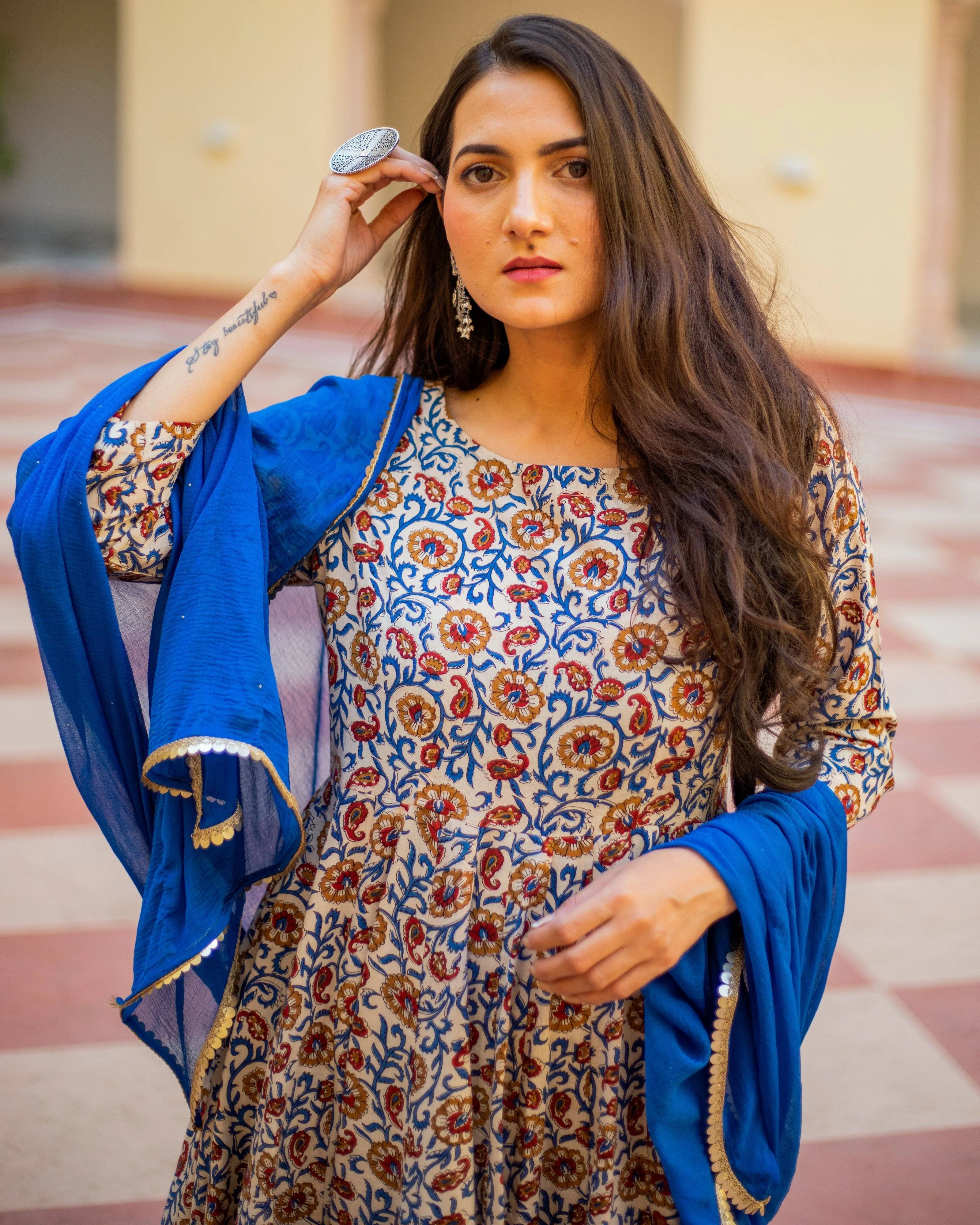 Bagru Print  Indigo Orange Colored Dress Set