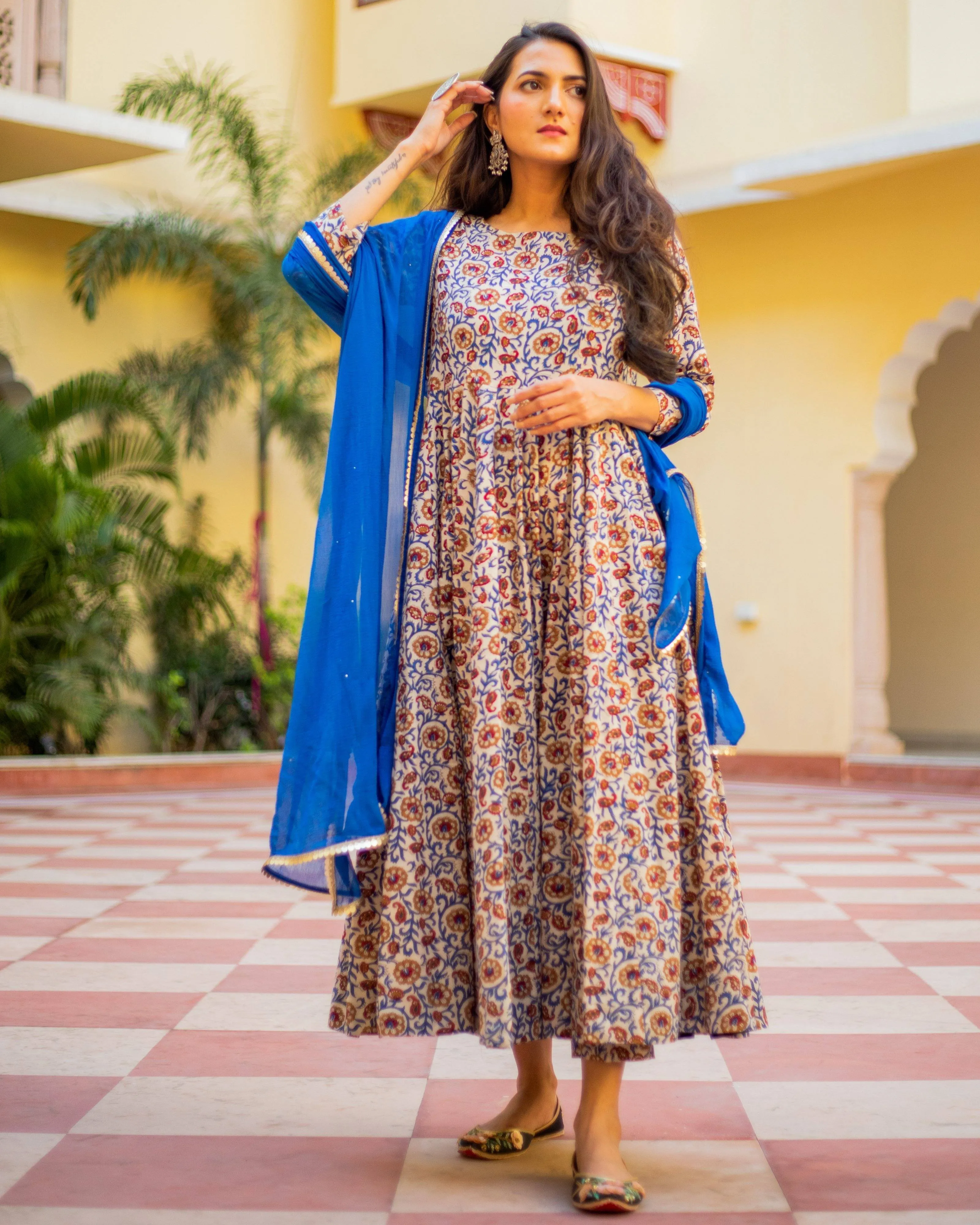 Bagru Print  Indigo Orange Colored Dress Set