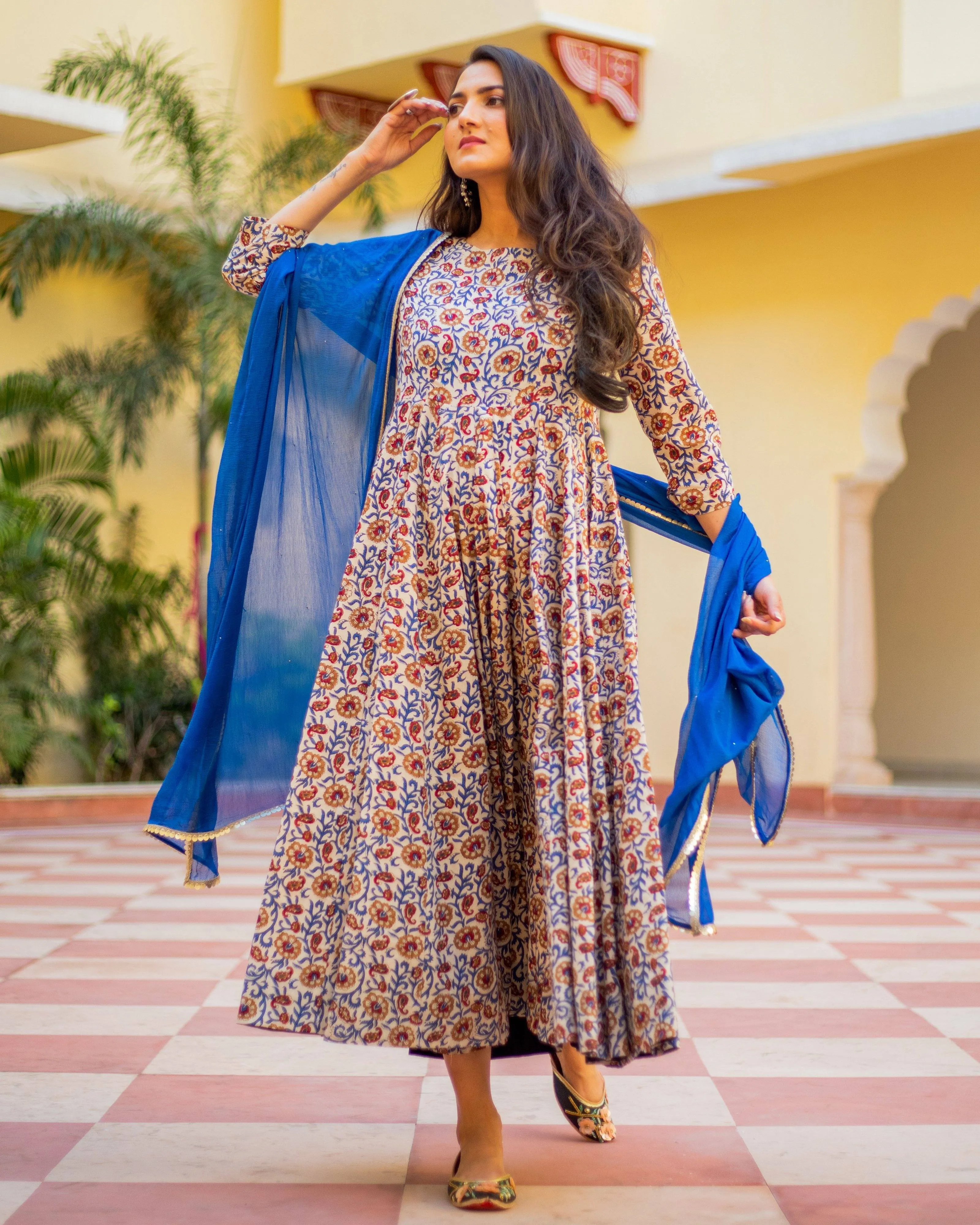 Bagru Print  Indigo Orange Colored Dress Set