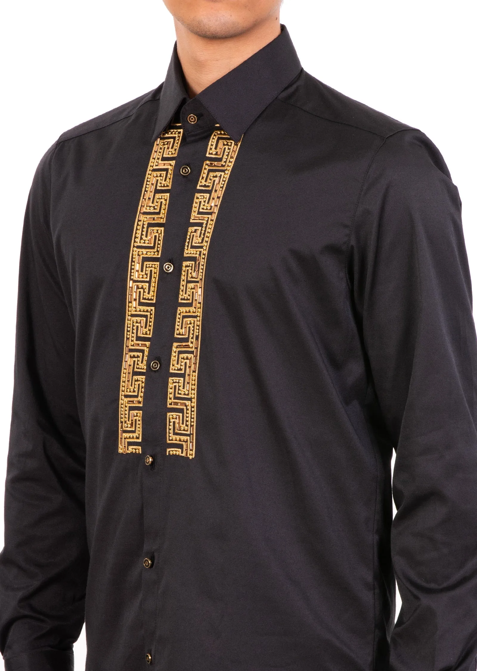 Black Gold Meander Panel Rhinestone Shirt