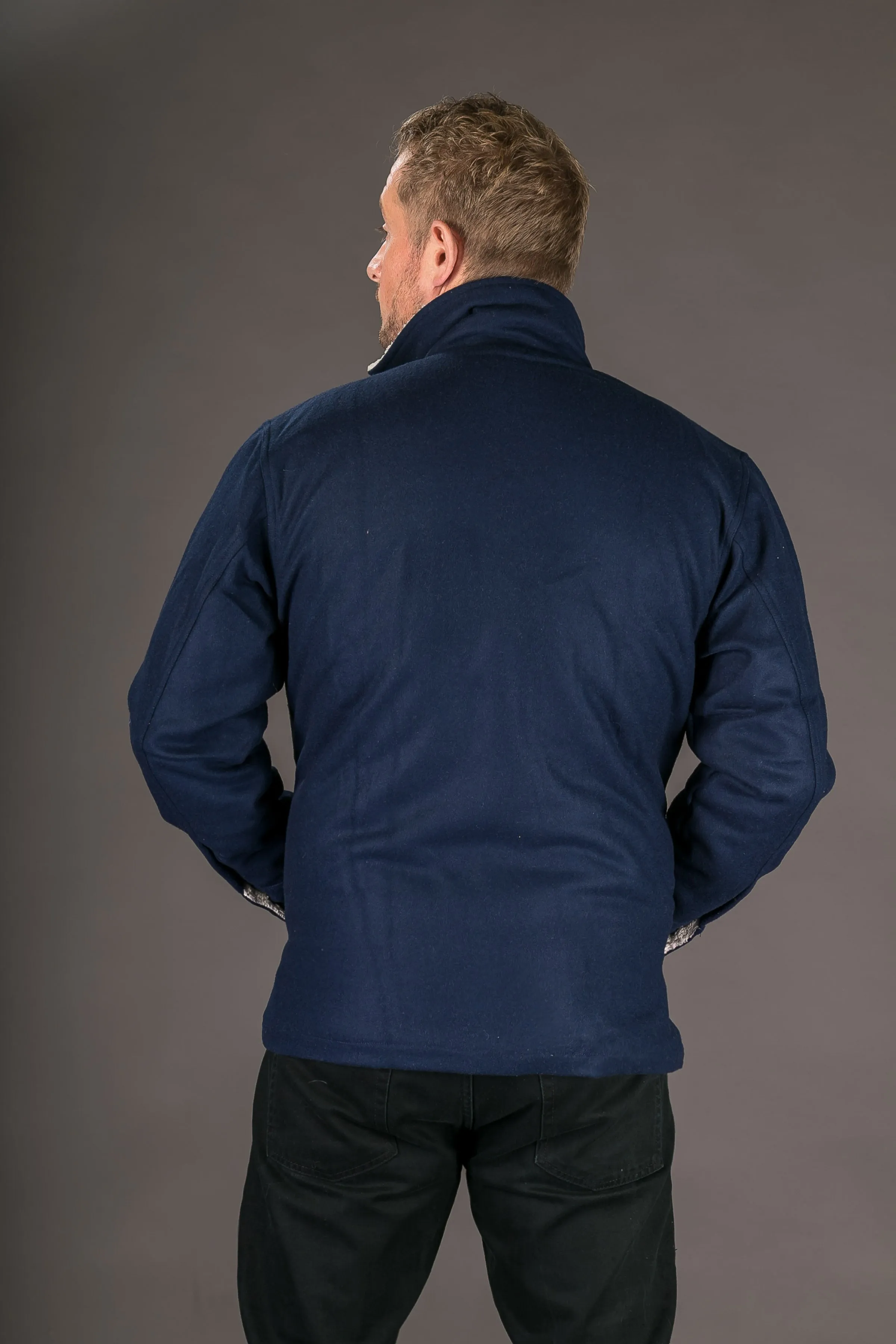 Blue Wool Mens Winter Jacket Shearling Lining