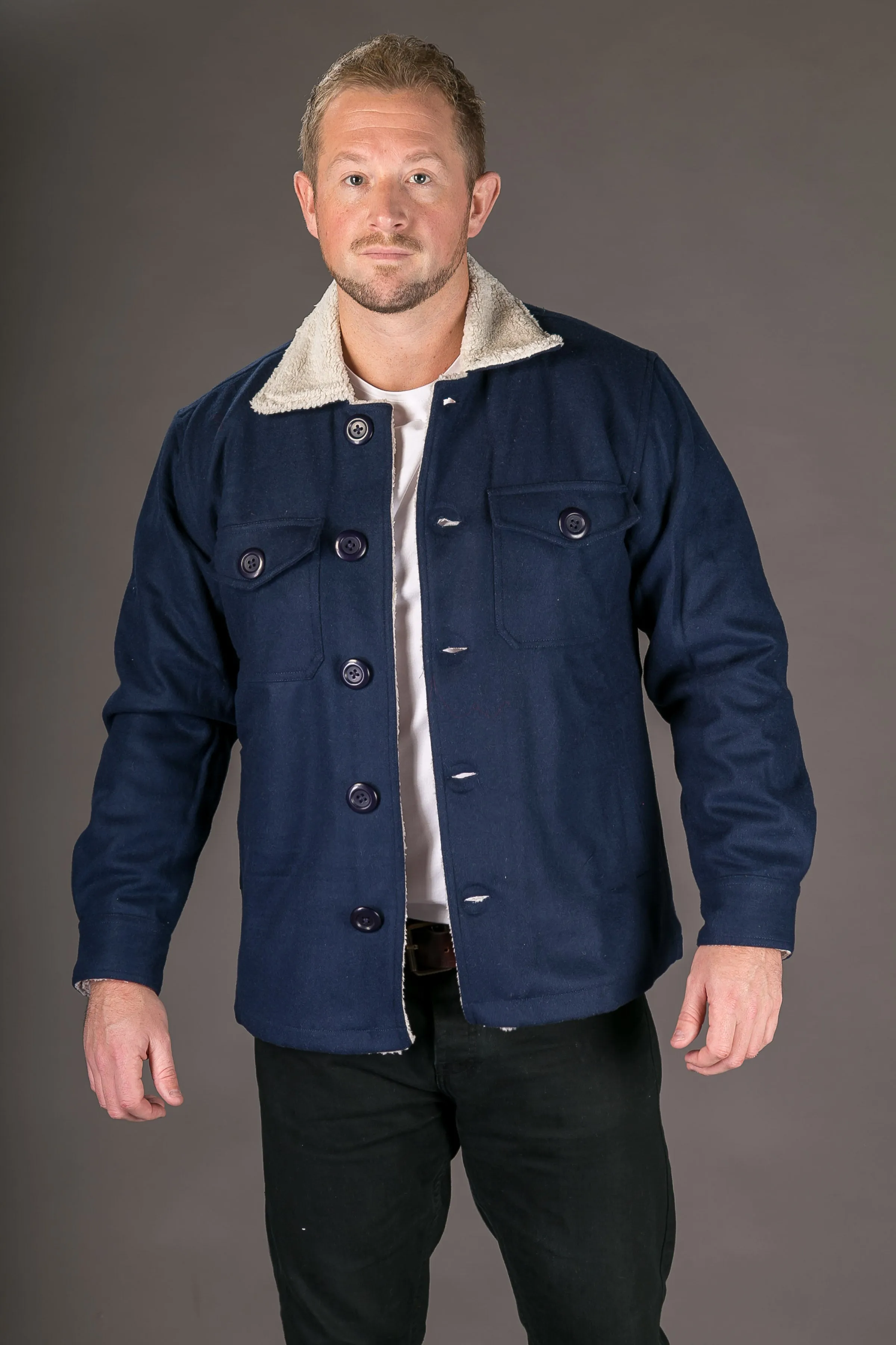 Blue Wool Mens Winter Jacket Shearling Lining