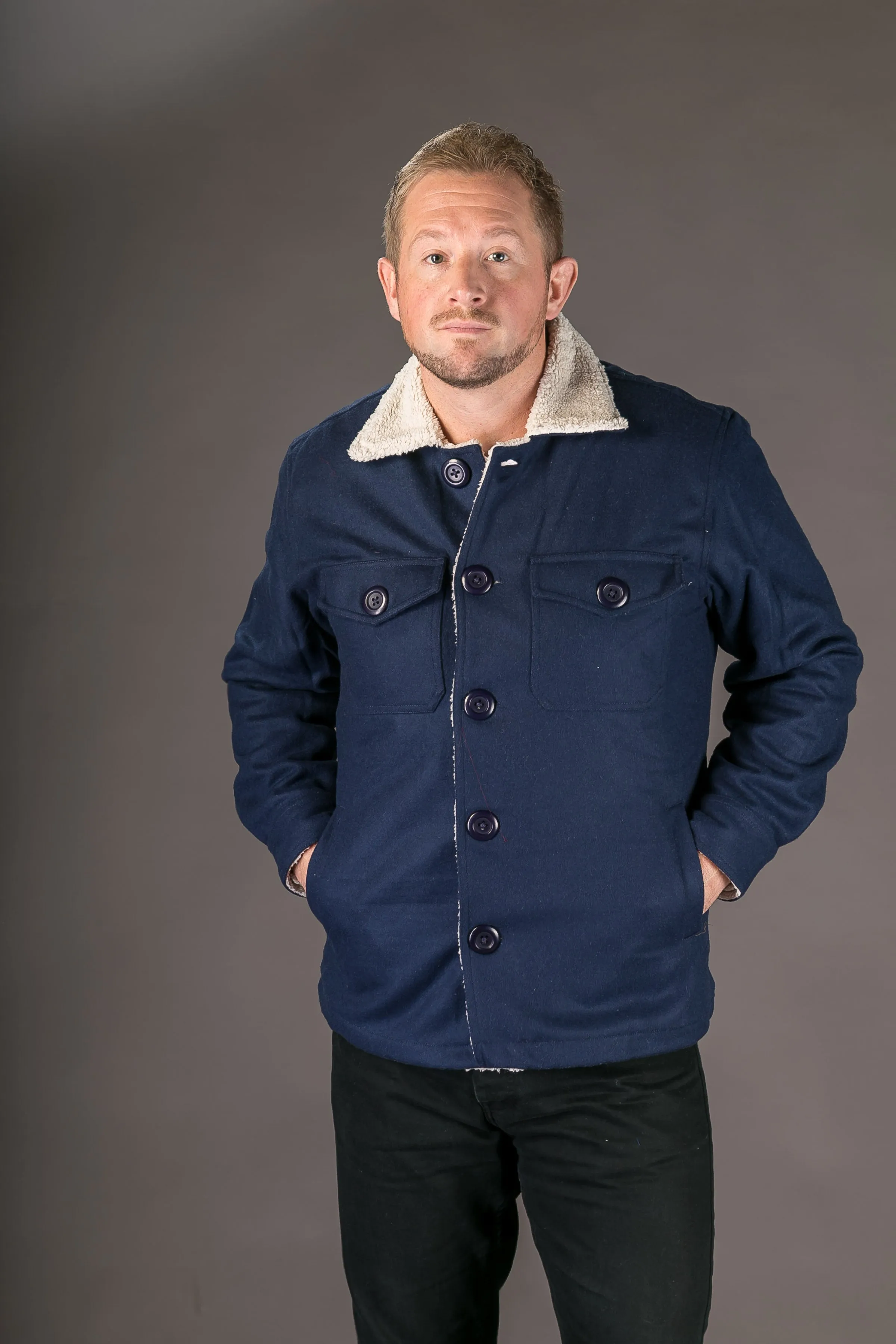 Blue Wool Mens Winter Jacket Shearling Lining