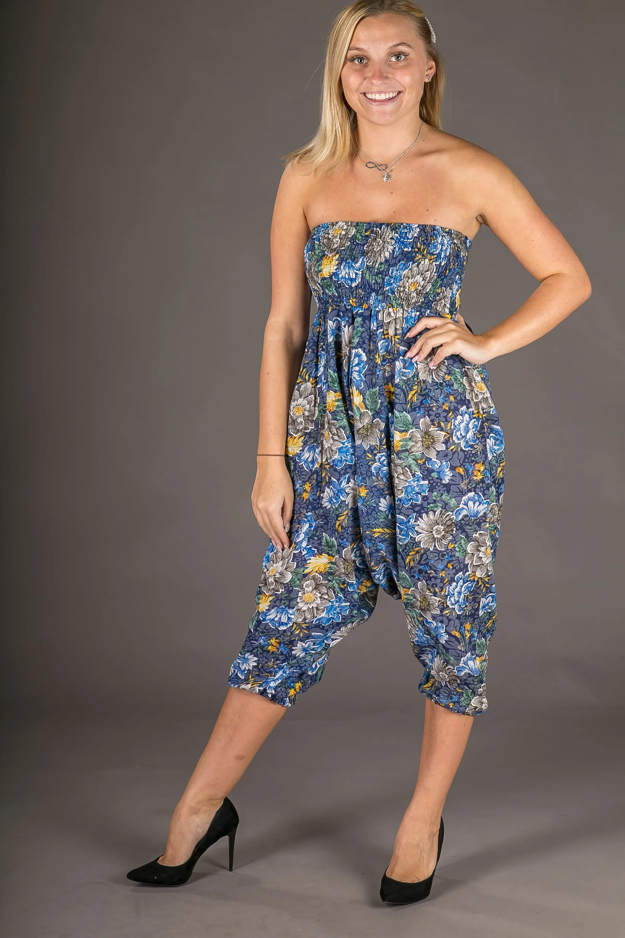 Blue Yellow Floral Print Cotton Harem Yoga Jumpsuit Pants