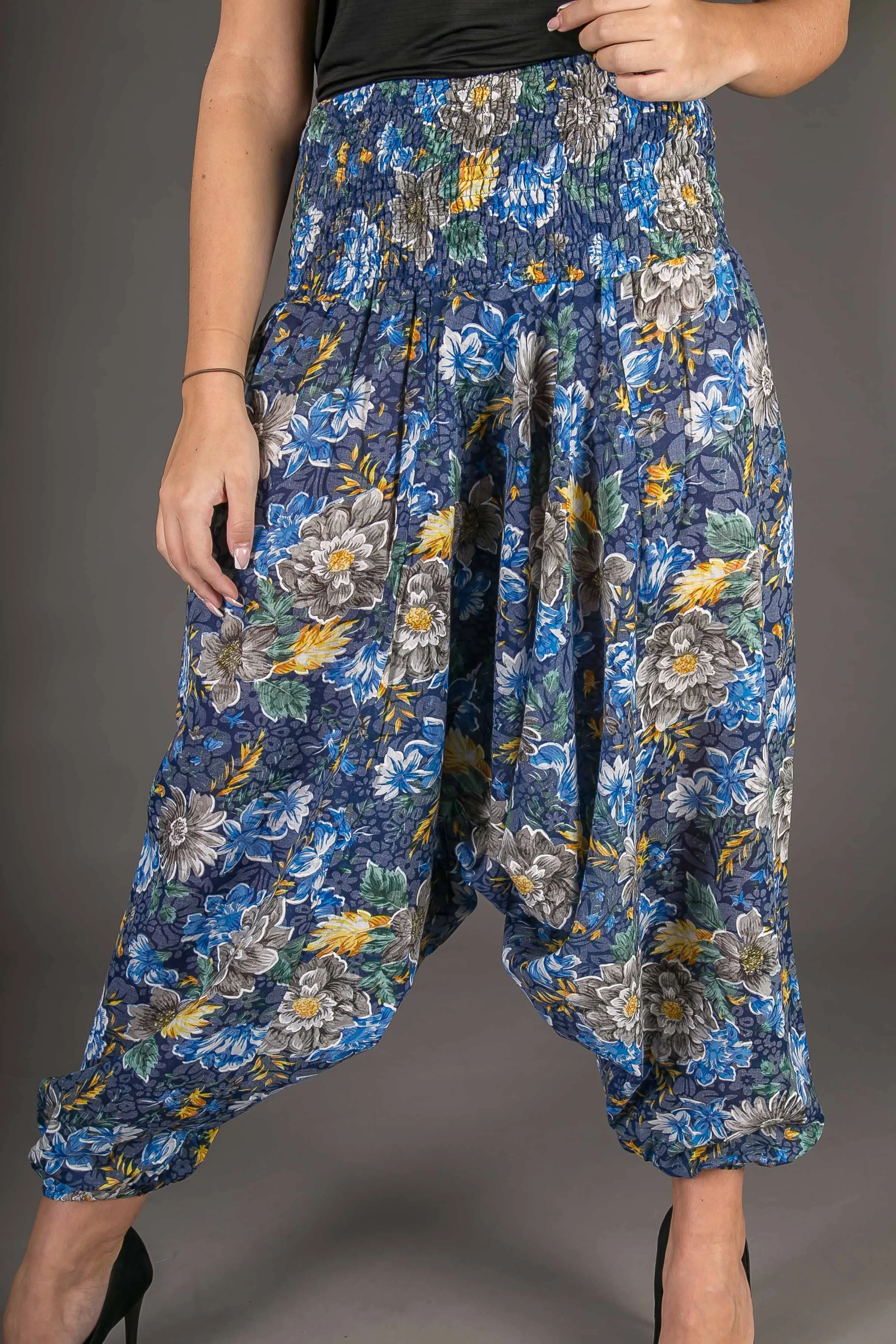 Blue Yellow Floral Print Cotton Harem Yoga Jumpsuit Pants