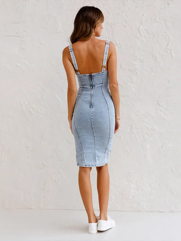 Bohemian Denim Slim Fit Tank Top Sexy Slit Dress