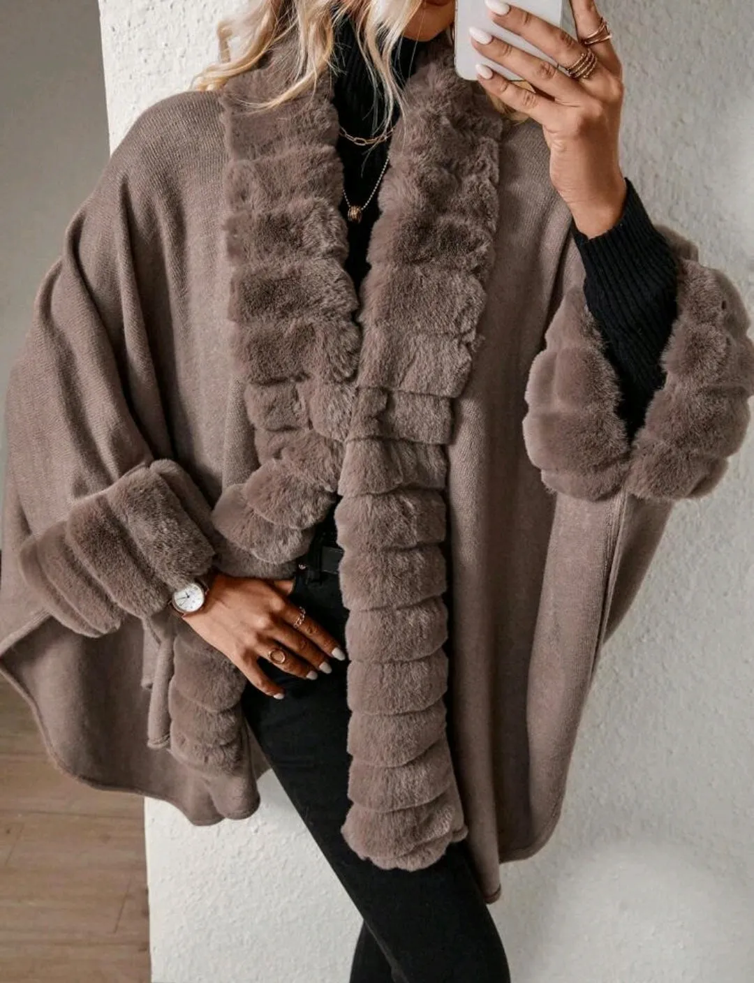 Brown Solid Colour Fur Trim Cardigan