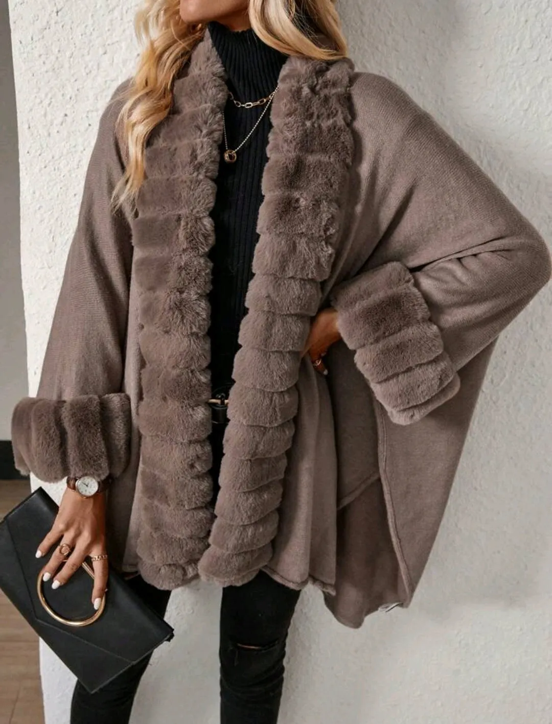 Brown Solid Colour Fur Trim Cardigan