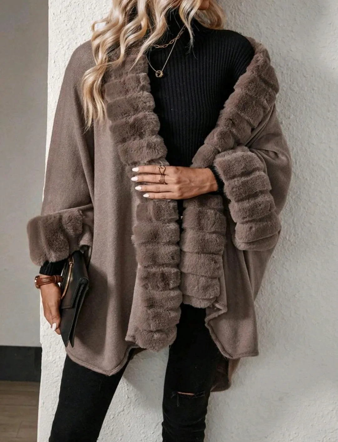 Brown Solid Colour Fur Trim Cardigan