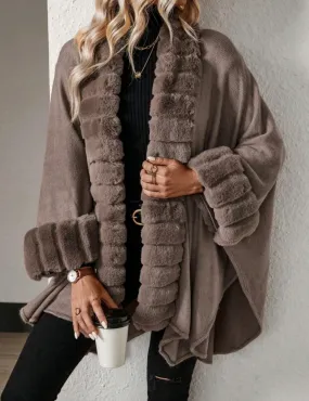 Brown Solid Colour Fur Trim Cardigan