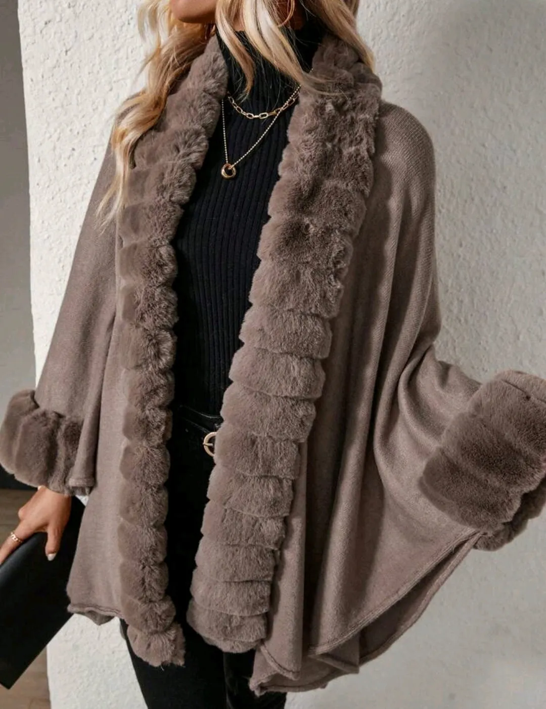 Brown Solid Colour Fur Trim Cardigan