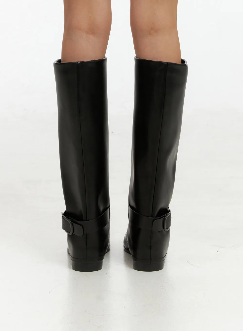 Buckle Solid Faux Leather Knee High Boots IG405