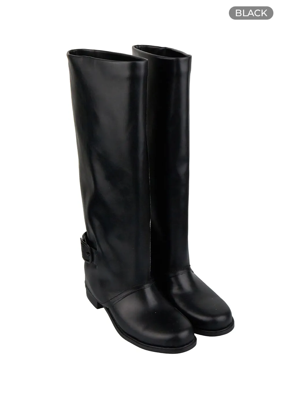 Buckle Solid Faux Leather Knee High Boots IG405