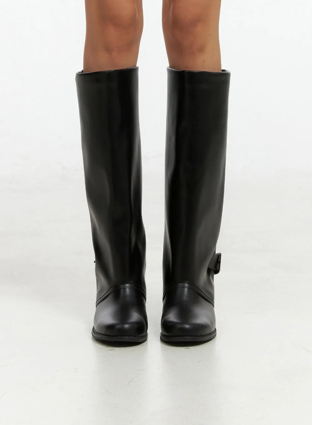 Buckle Solid Faux Leather Knee High Boots IG405