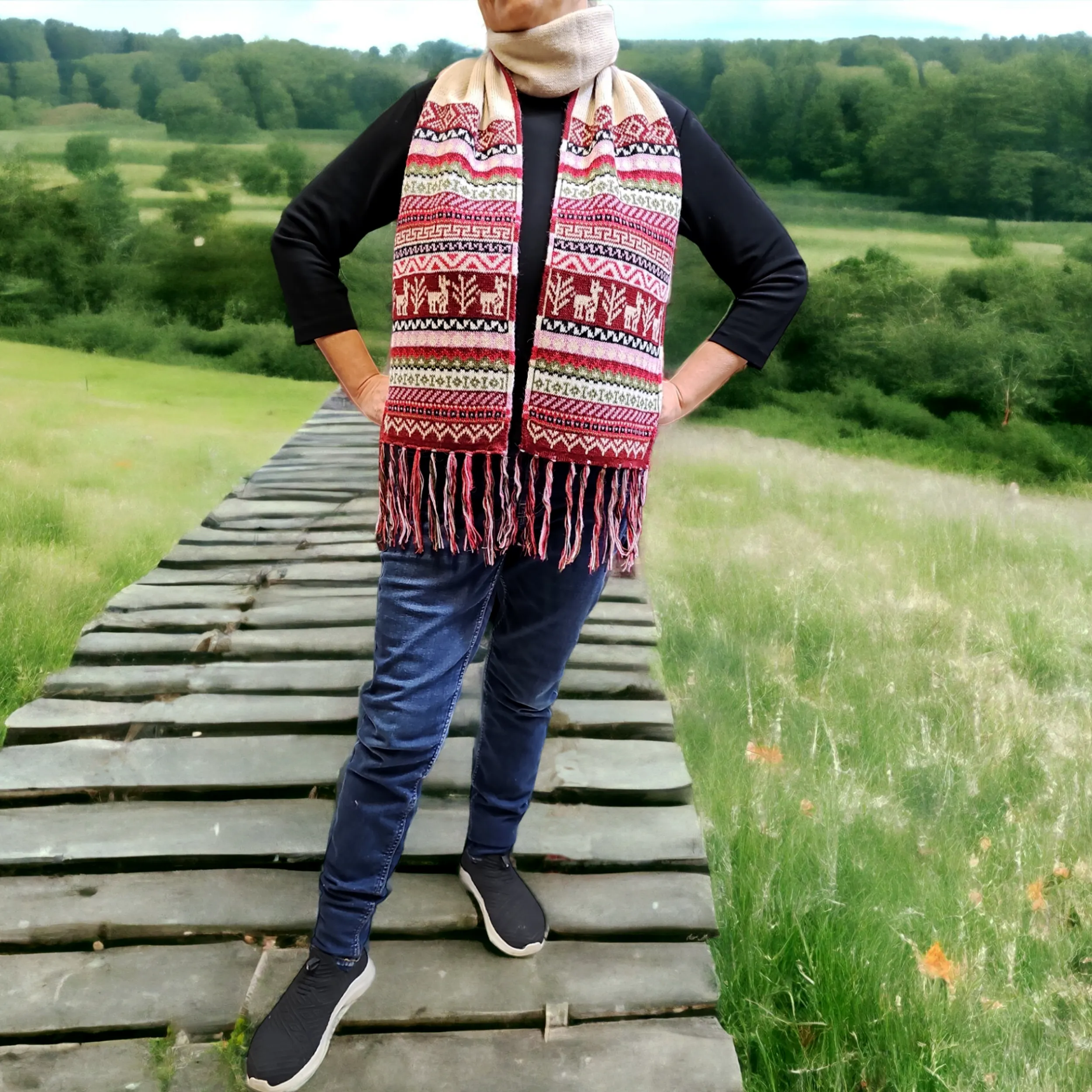 Burgundy and Beige Handmade Reversible Alpaca Scarf