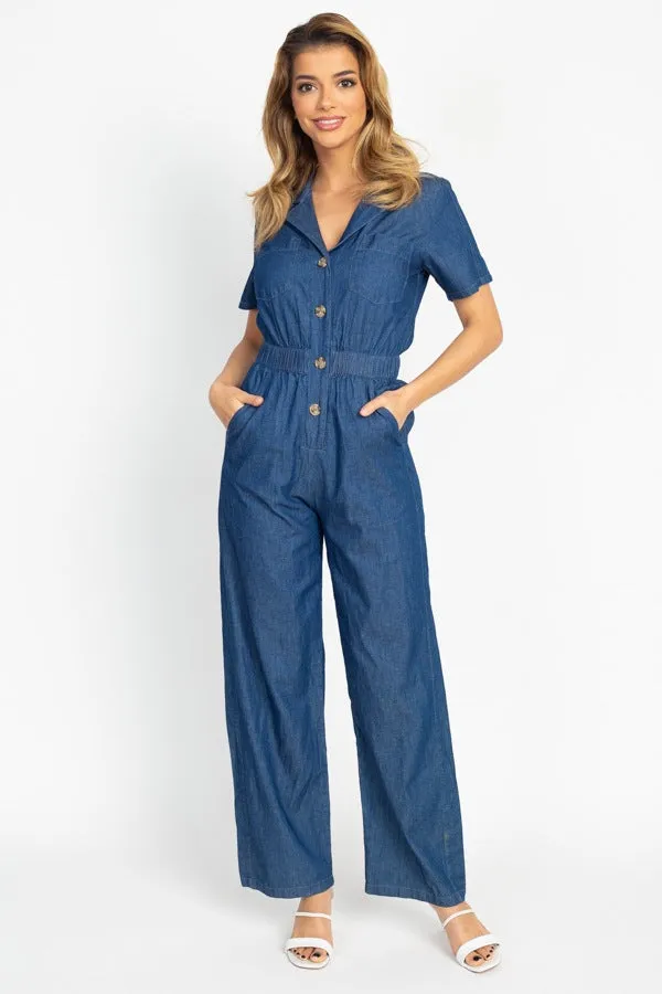 Button Front Elasticized Waist Jumpsuit