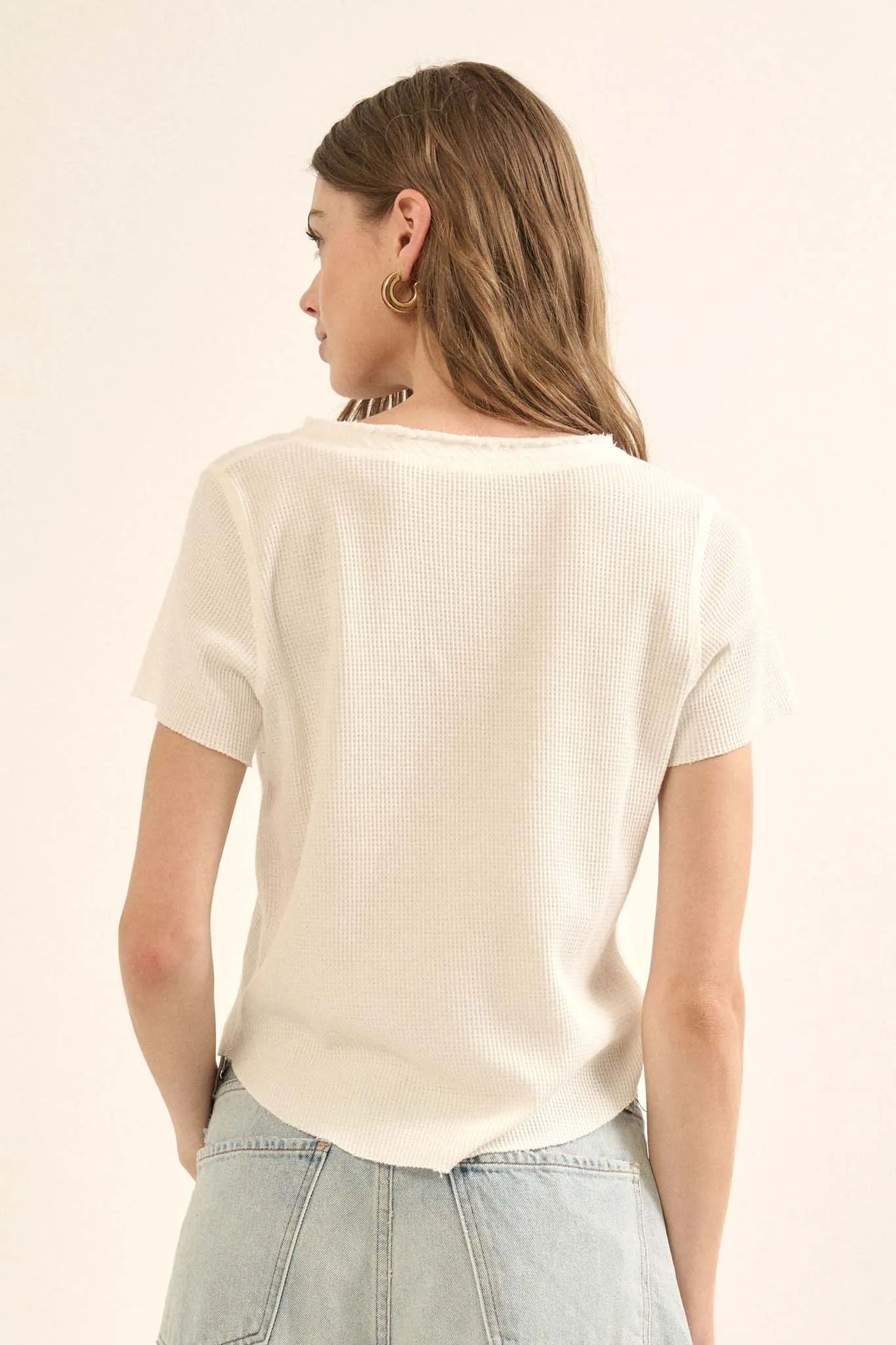 Casually Cool Waffle Knit Raw-Edge Henley Tee