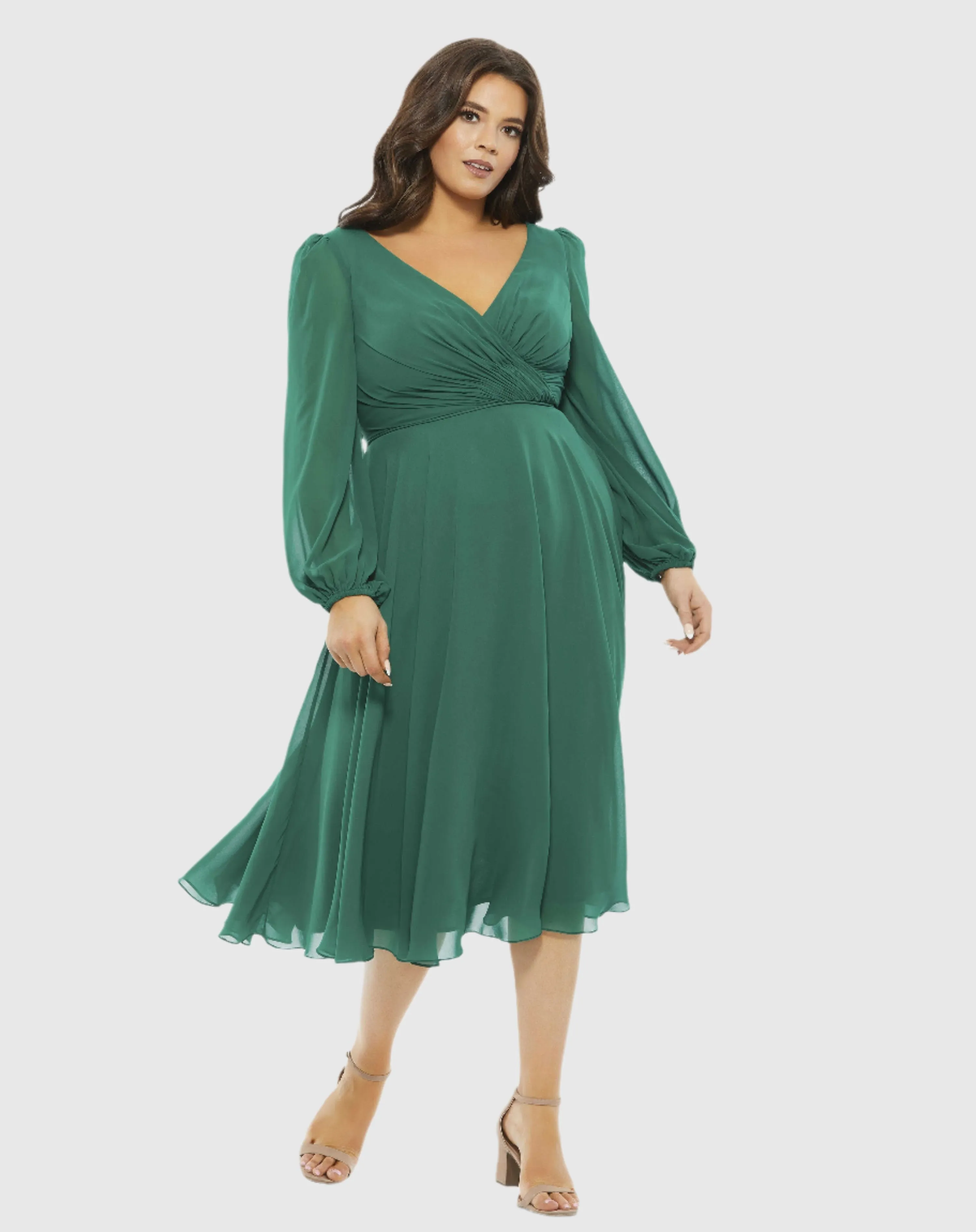 Chiffon Bishop Sleeve Surplice Dress (Plus)