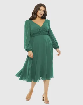 Chiffon Bishop Sleeve Surplice Dress (Plus)