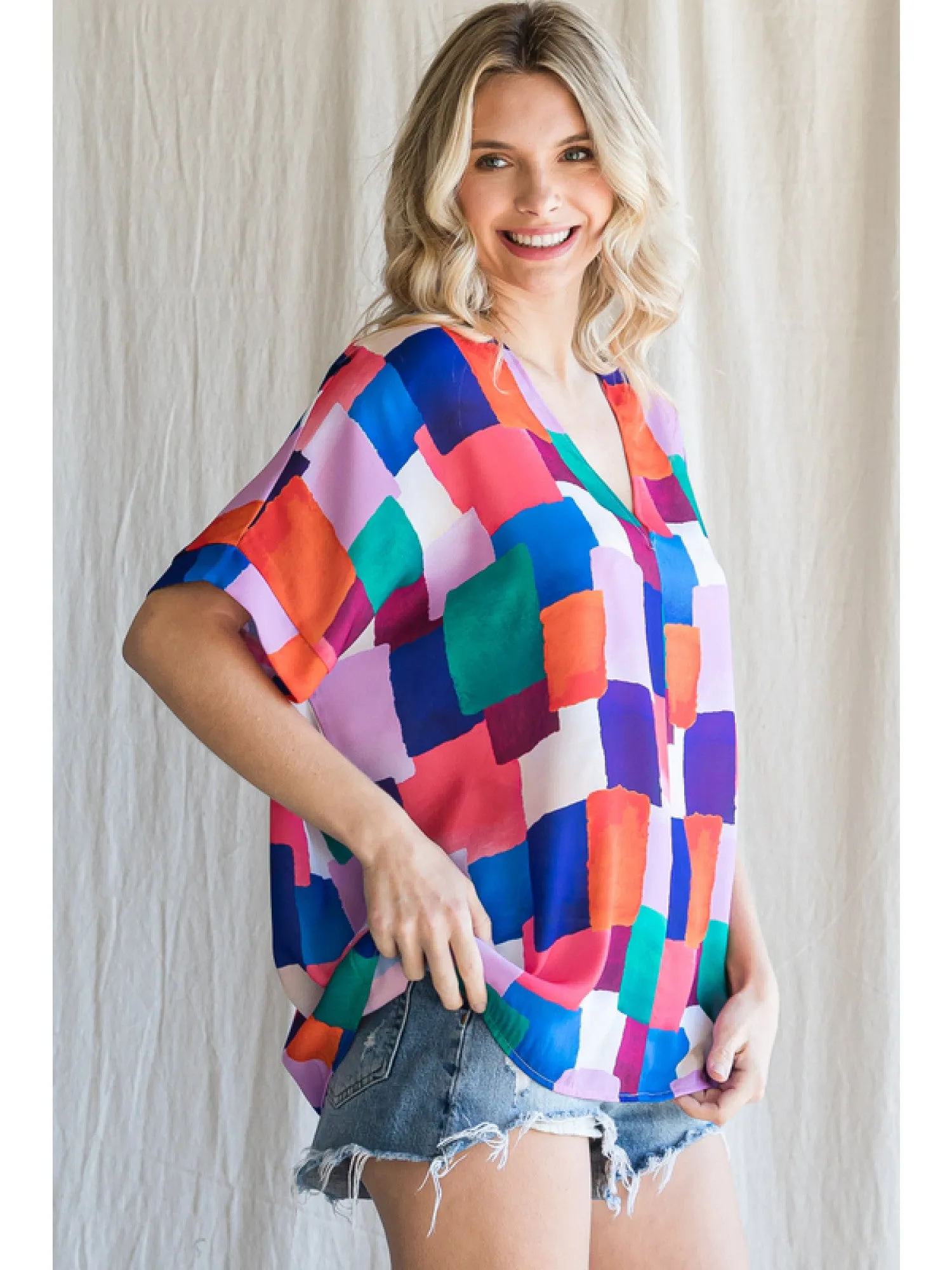 Colorful Squares V-Neck Shift Top