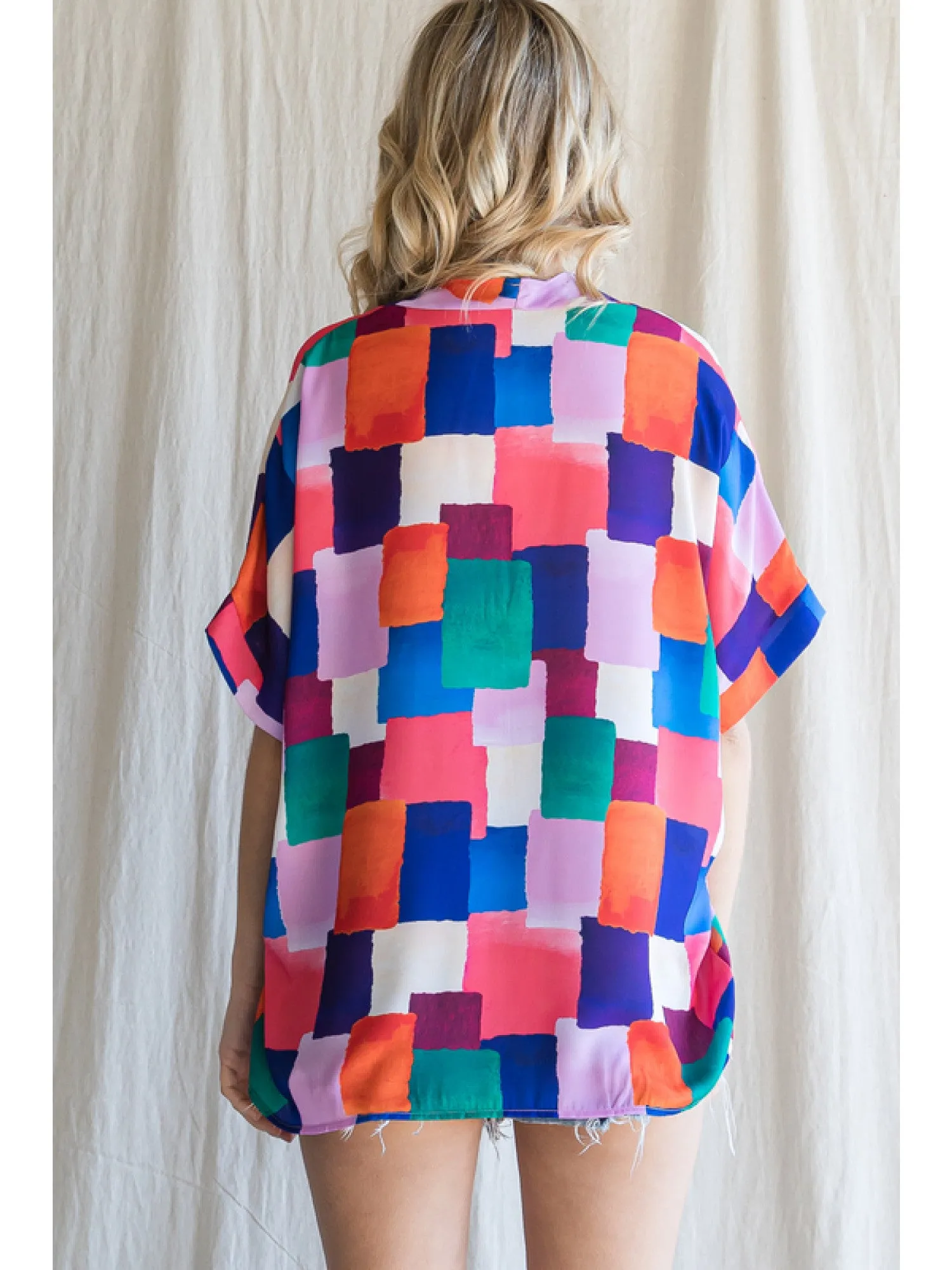 Colorful Squares V-Neck Shift Top