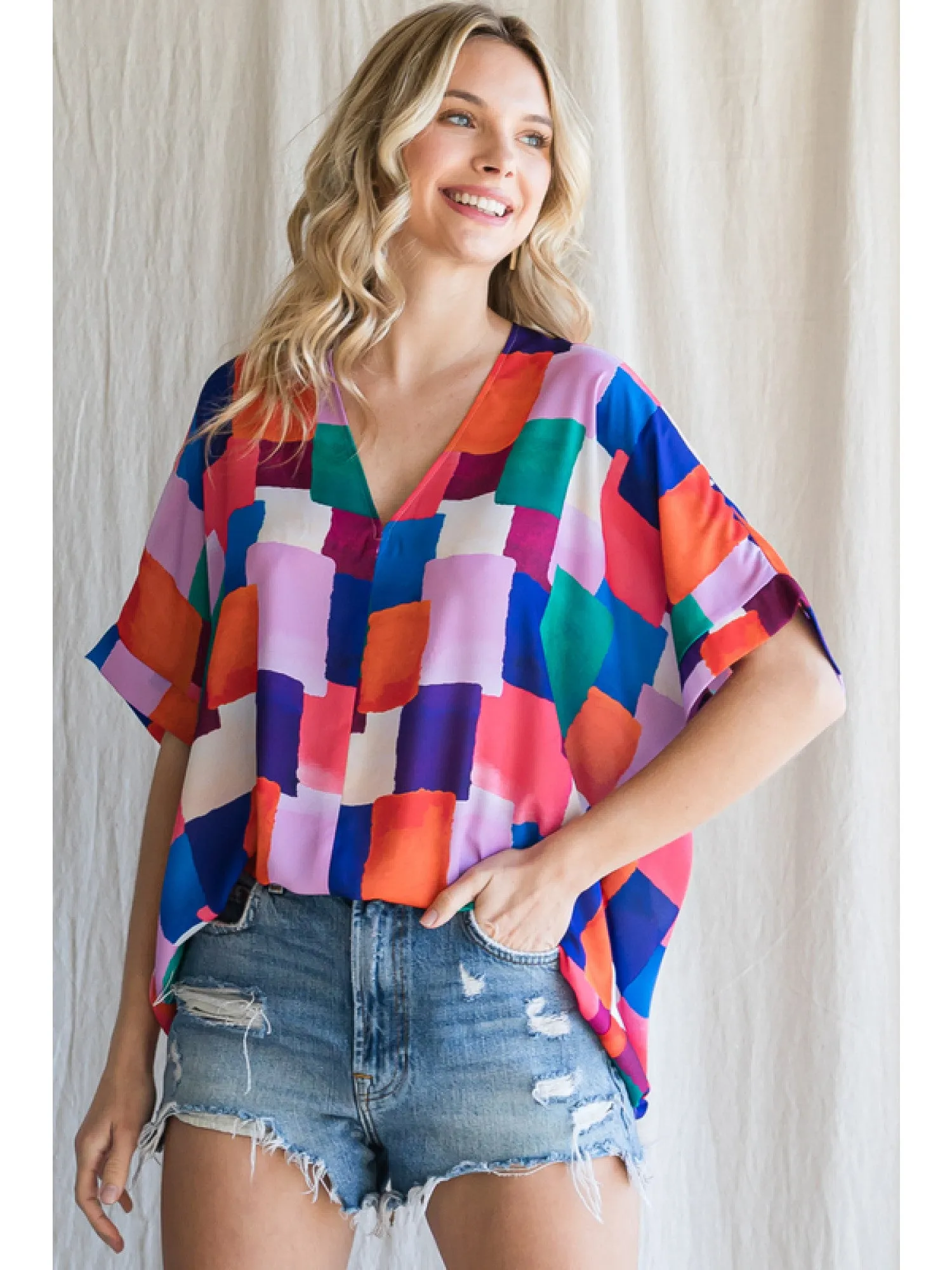 Colorful Squares V-Neck Shift Top