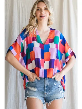 Colorful Squares V-Neck Shift Top