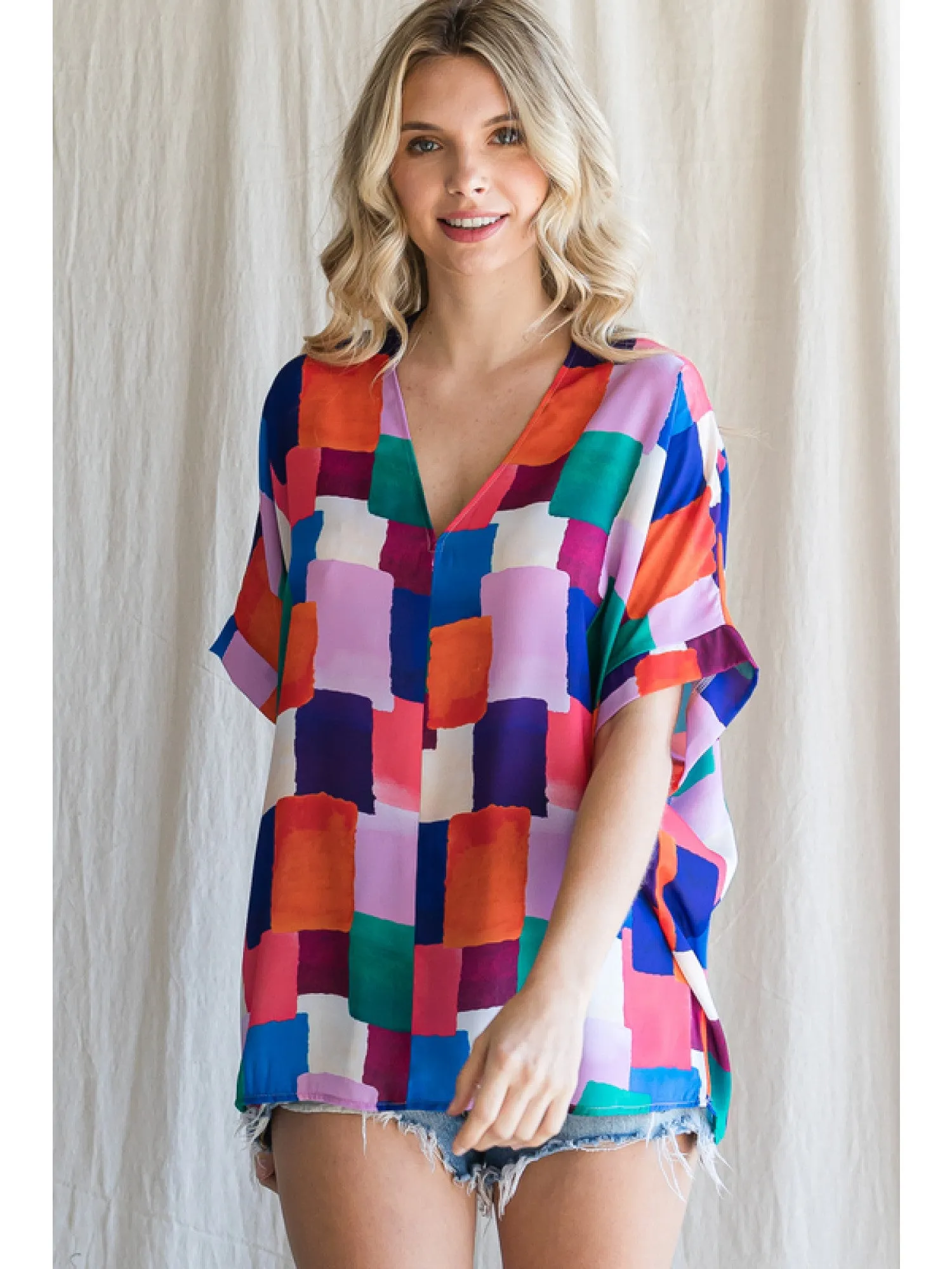 Colorful Squares V-Neck Shift Top