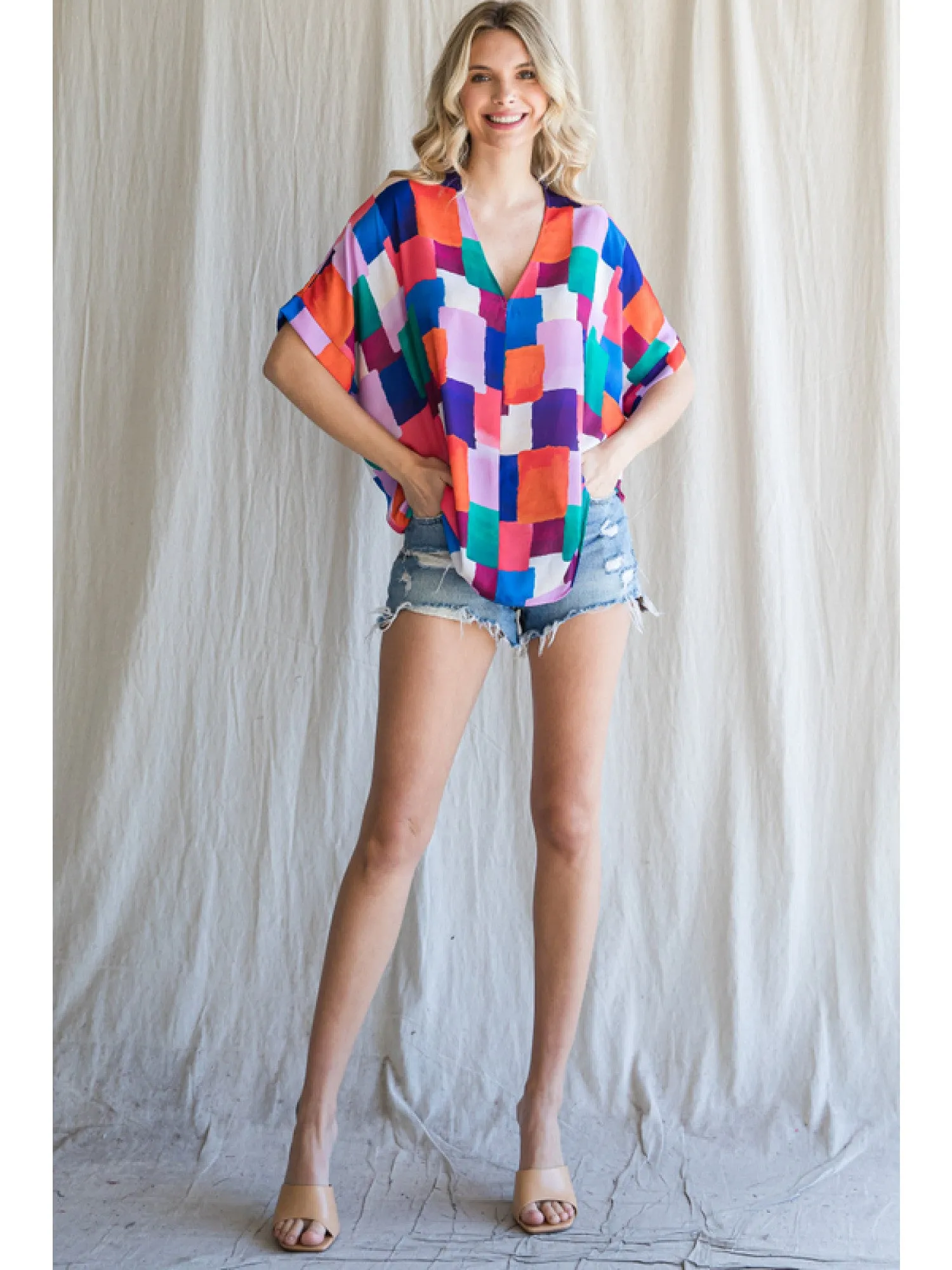 Colorful Squares V-Neck Shift Top