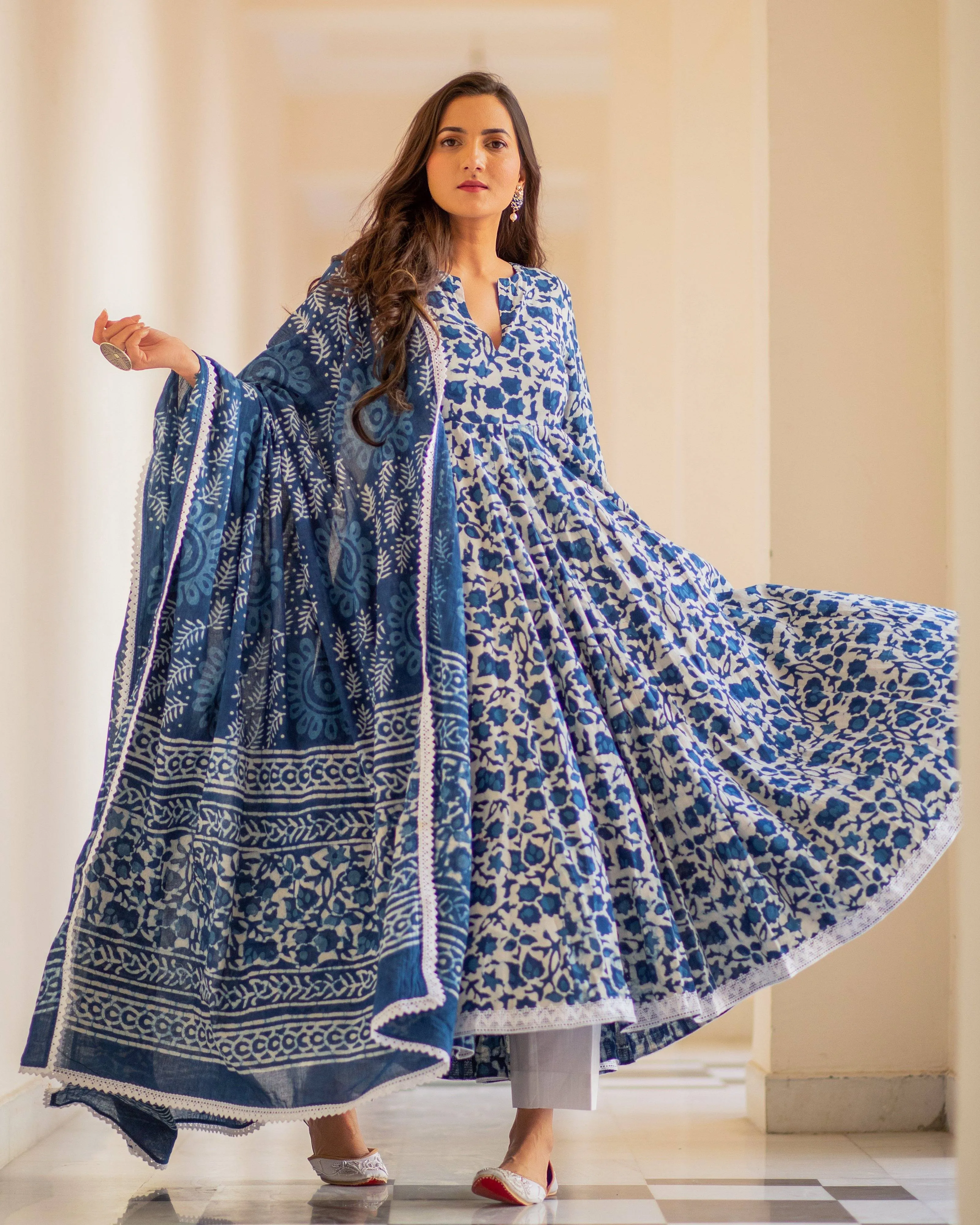 Cotton Dress Set - Indigo Colored Dabu Print